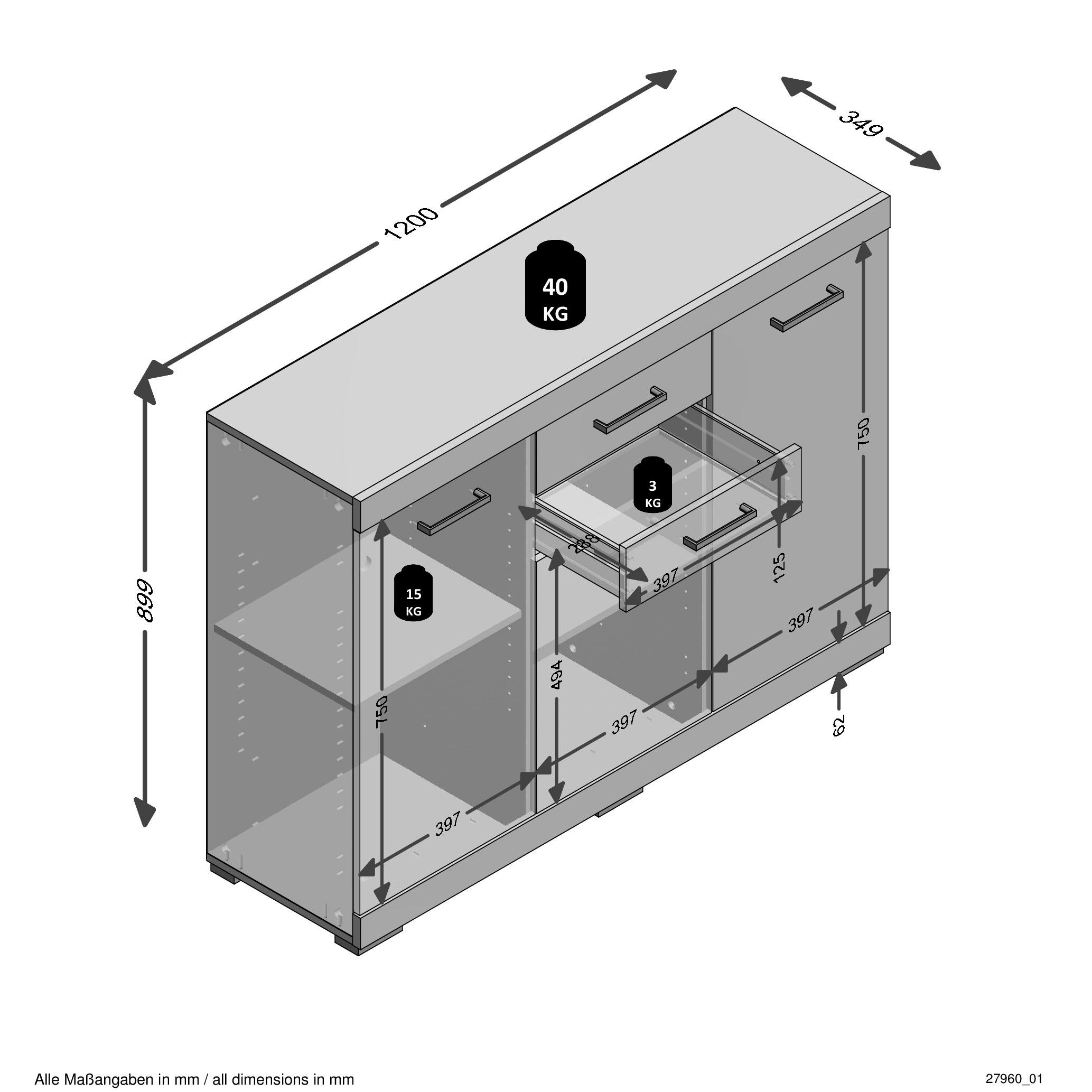 FMD Kommode »Bristol 3«, Mehrzweckschrank, in verschiedenen Tiefen, Breite: 120 cm