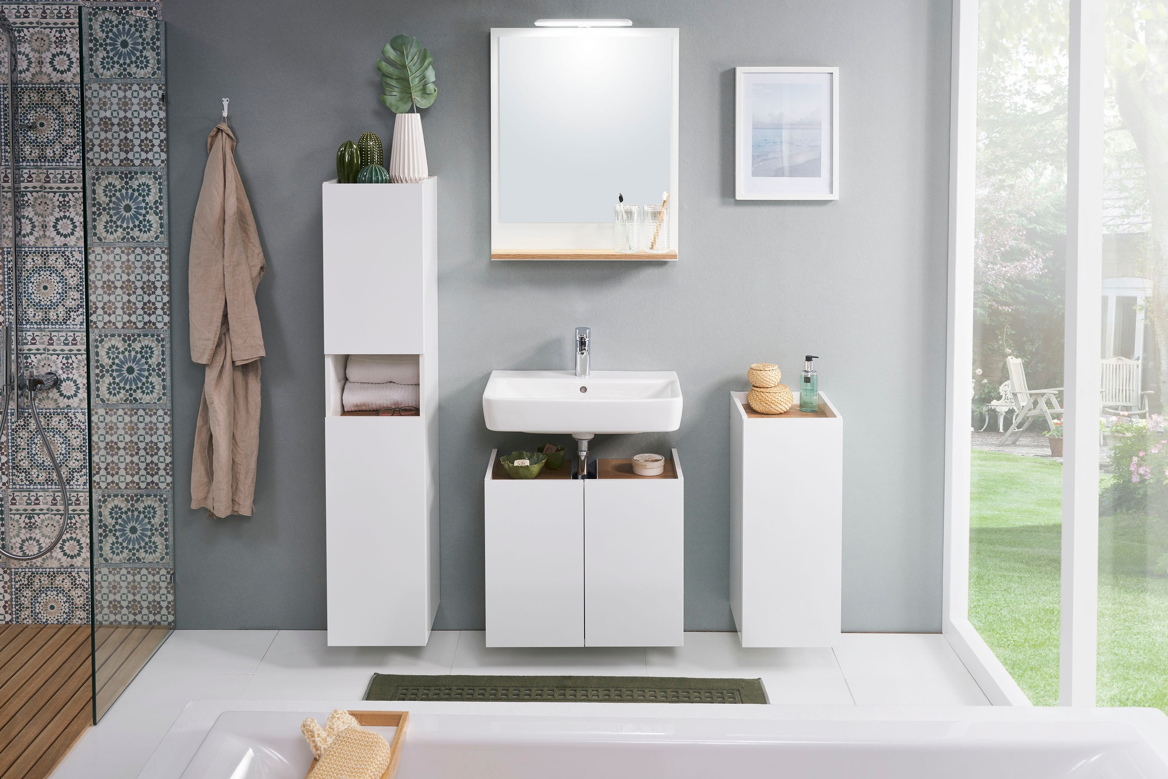 Saphir Midischrank »Quickset 947 Badschrank 30 cm breit, 2 Türen, 1 Nische« Badezimmer-Midischrank inkl. Türdämpfer, Weiß Glanz, grifflos