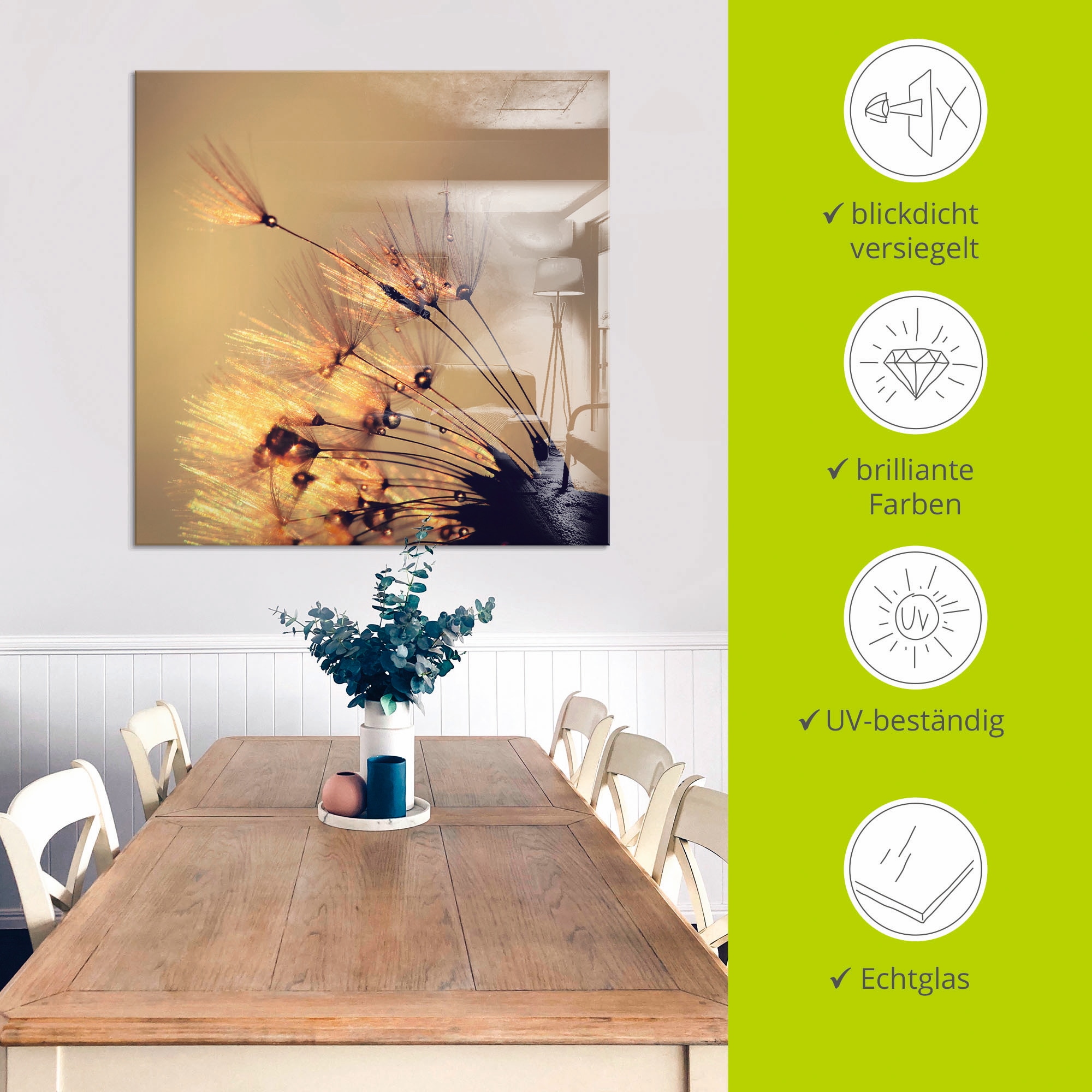 Artland Glasbild »Pusteblume Goldene Schirmchen«, Blumen, (1 St.), in verschiedenen Größen