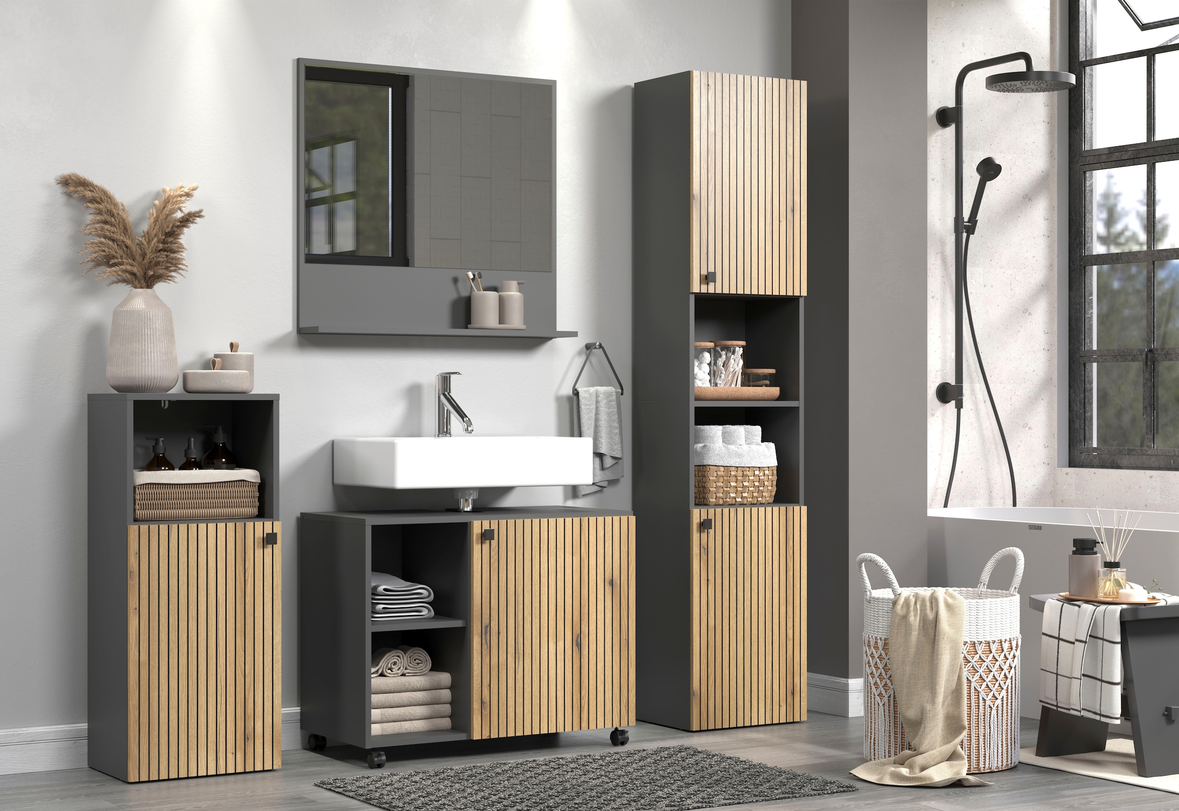 welltime Waschbeckenunterschrank »Amrum« BxHxT 80 x 64 x 42cm Waschbeckenunterschrank Eiche Rillenoptik