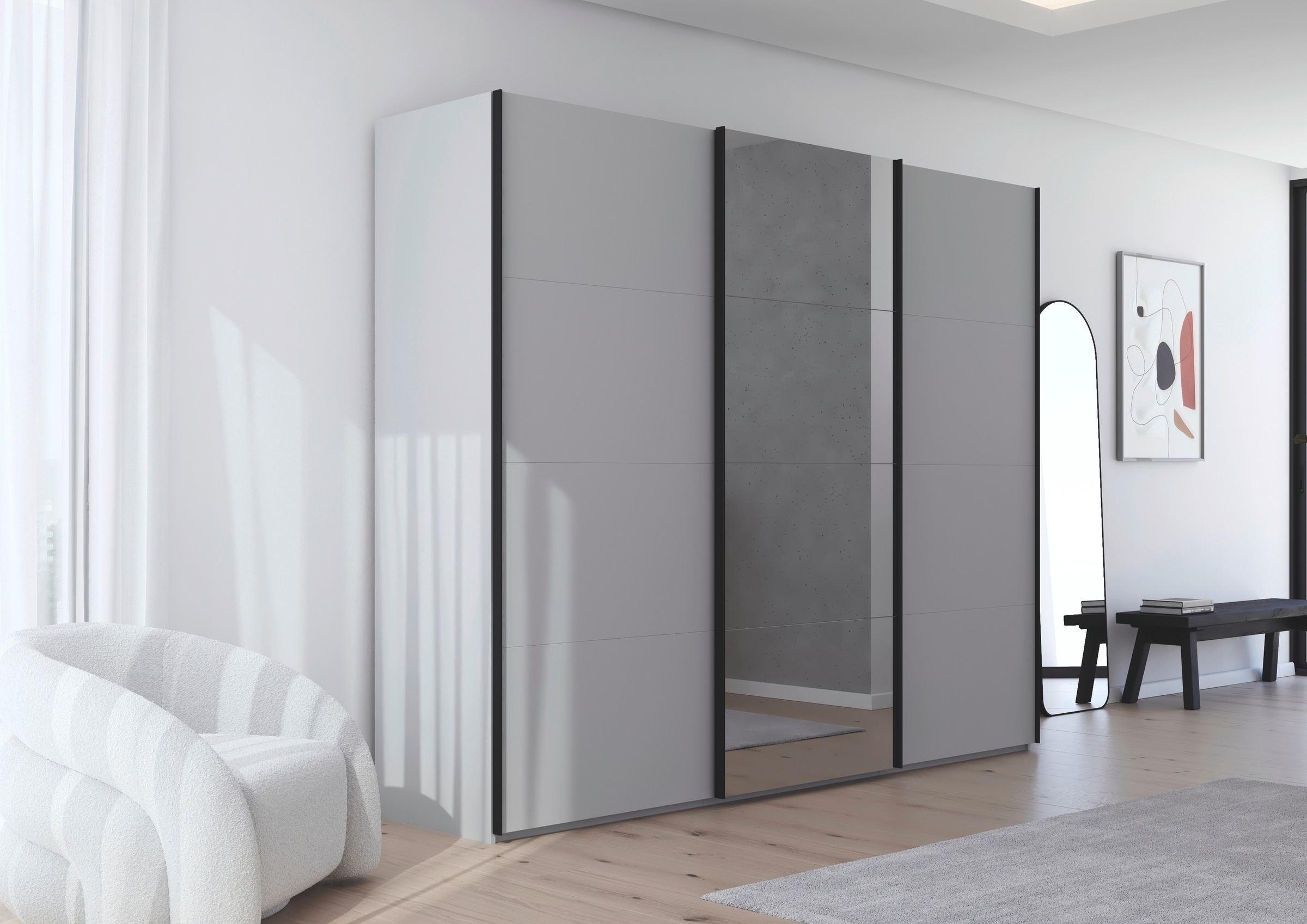 rauch Schwebetürenschrank »Kleiderschrank Schrank Garderobe Schlafzimmerschrank SCALE-FYRA«, edle viergeteilte Türen mit Spiegel und vielen Farben MADE IN GERMANY