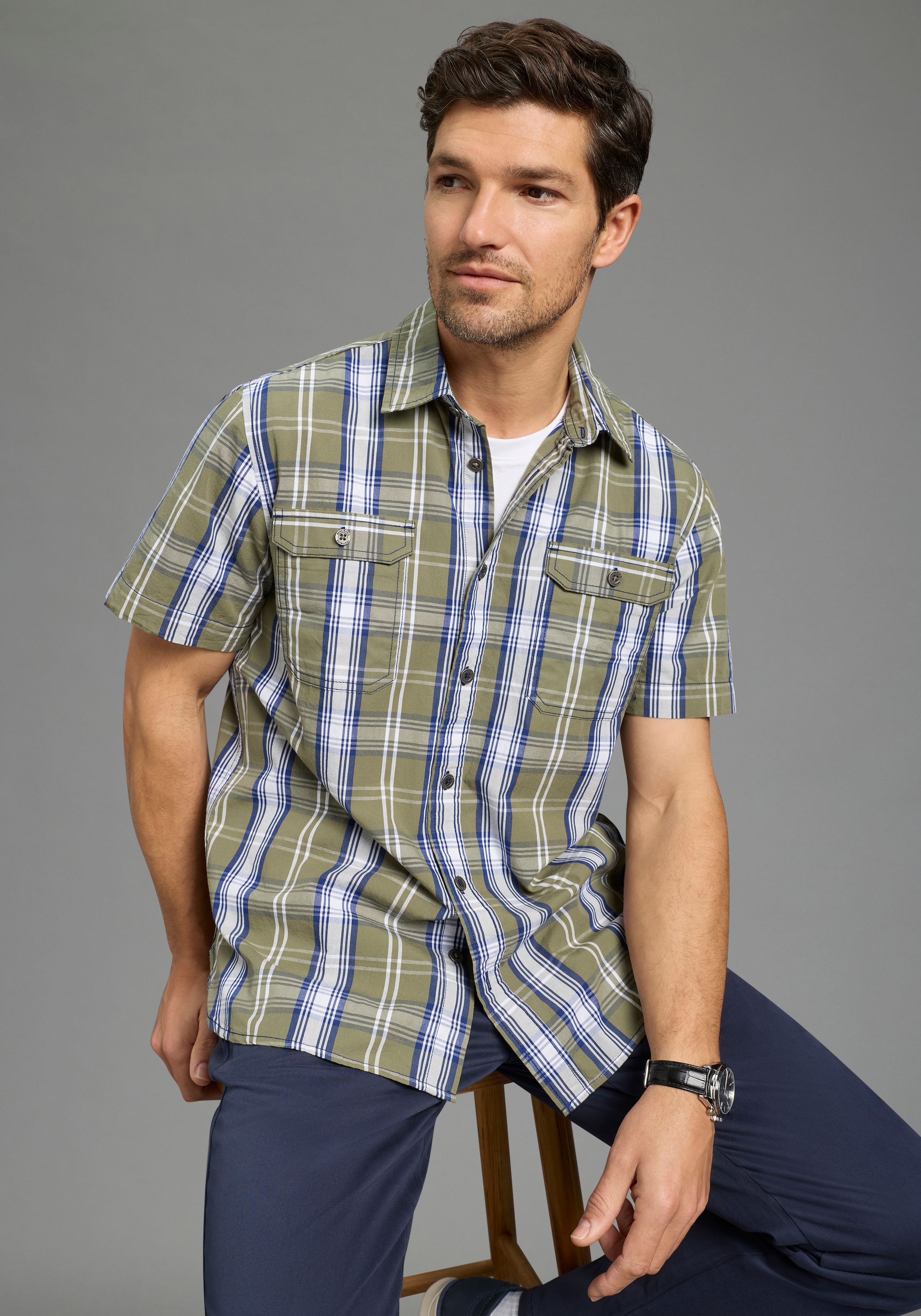 Man's World Karohemd Kurzarm, für Casualmode, Basic, Frühling und Sommer, aus Baumwolle