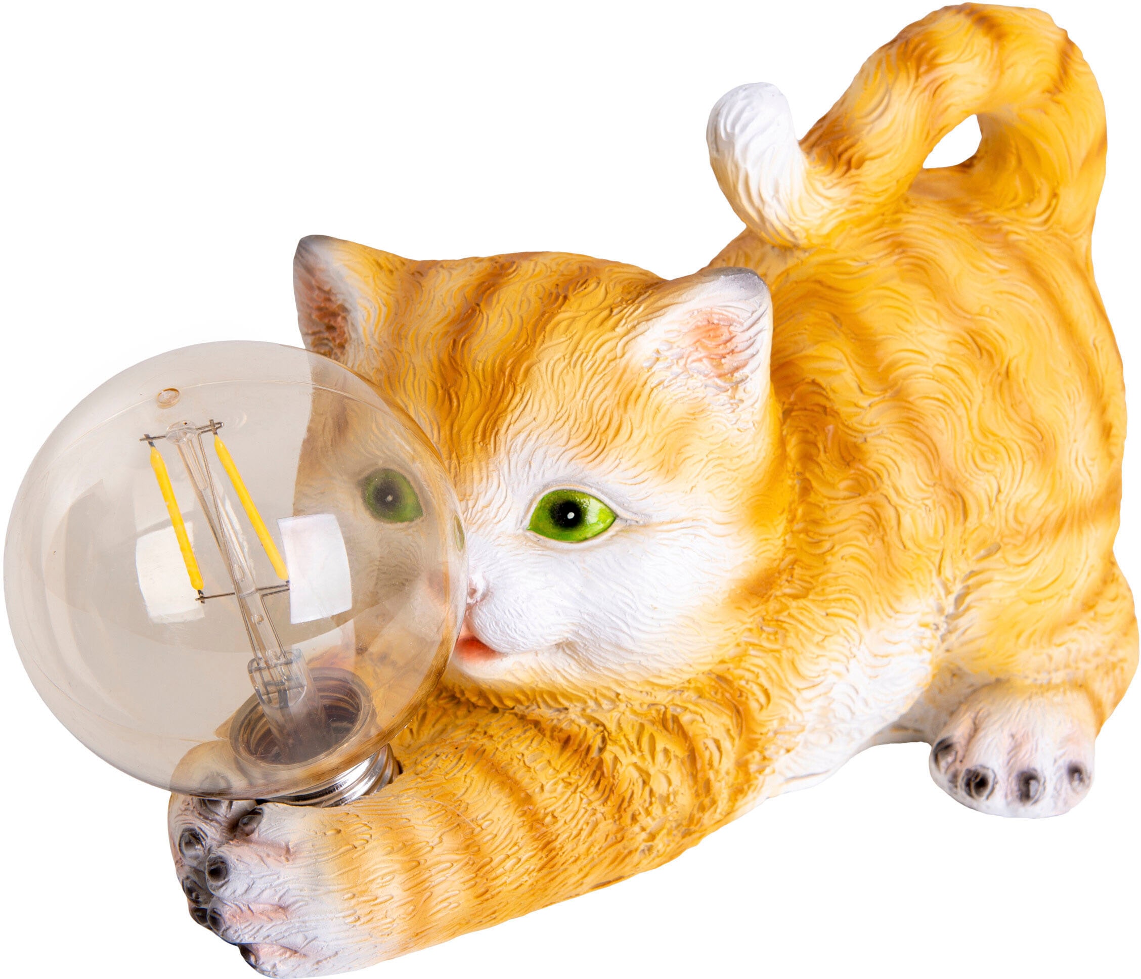 näve LED Solarleuchte »Katze«, 1 flammig-flammig, süße gestreifte Katze mit beleuchteter Kugel und warmweißem Licht
