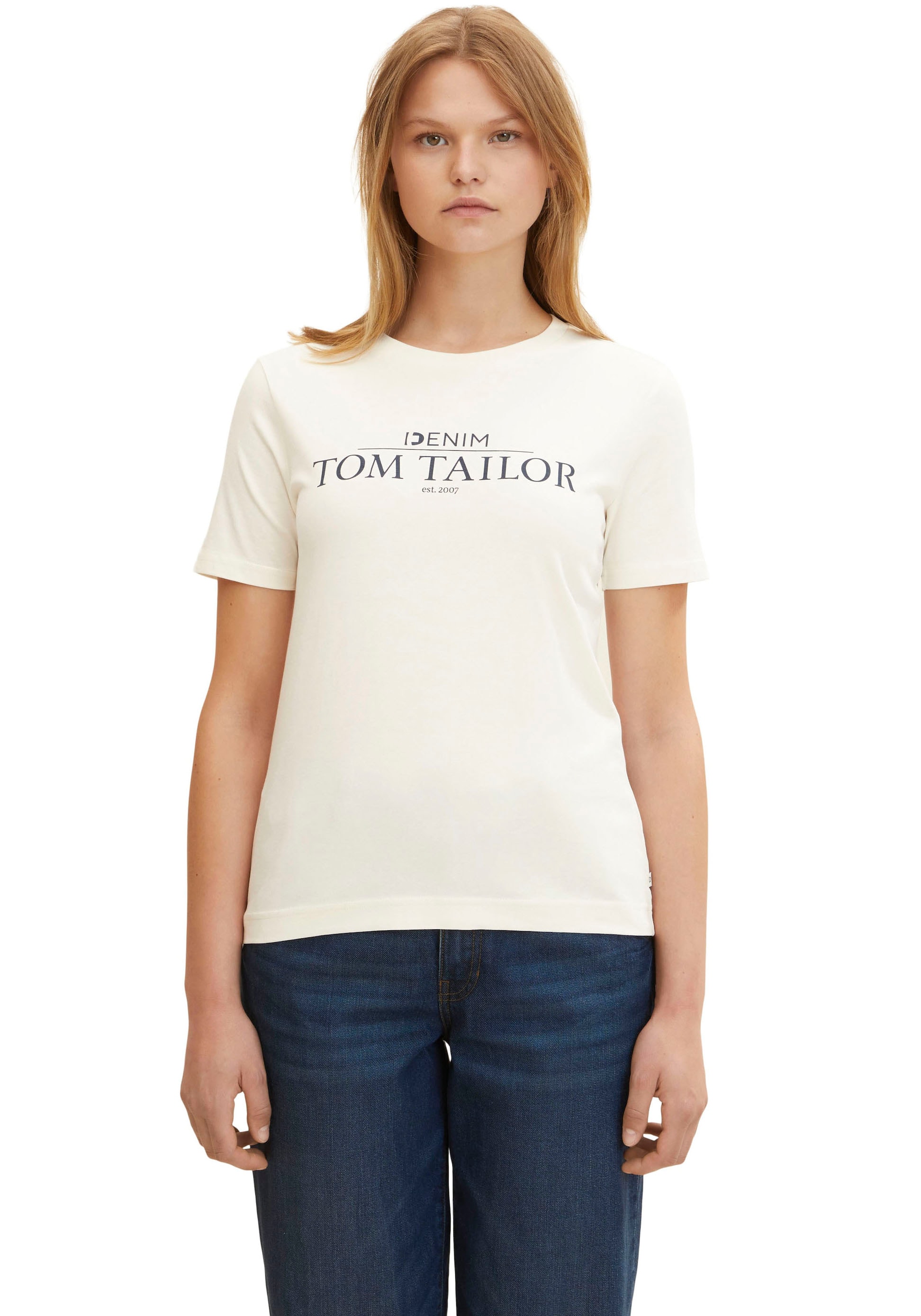 TOM TAILOR Denim T-Shirt, auf ♕ Print Brust bei der Logo mit