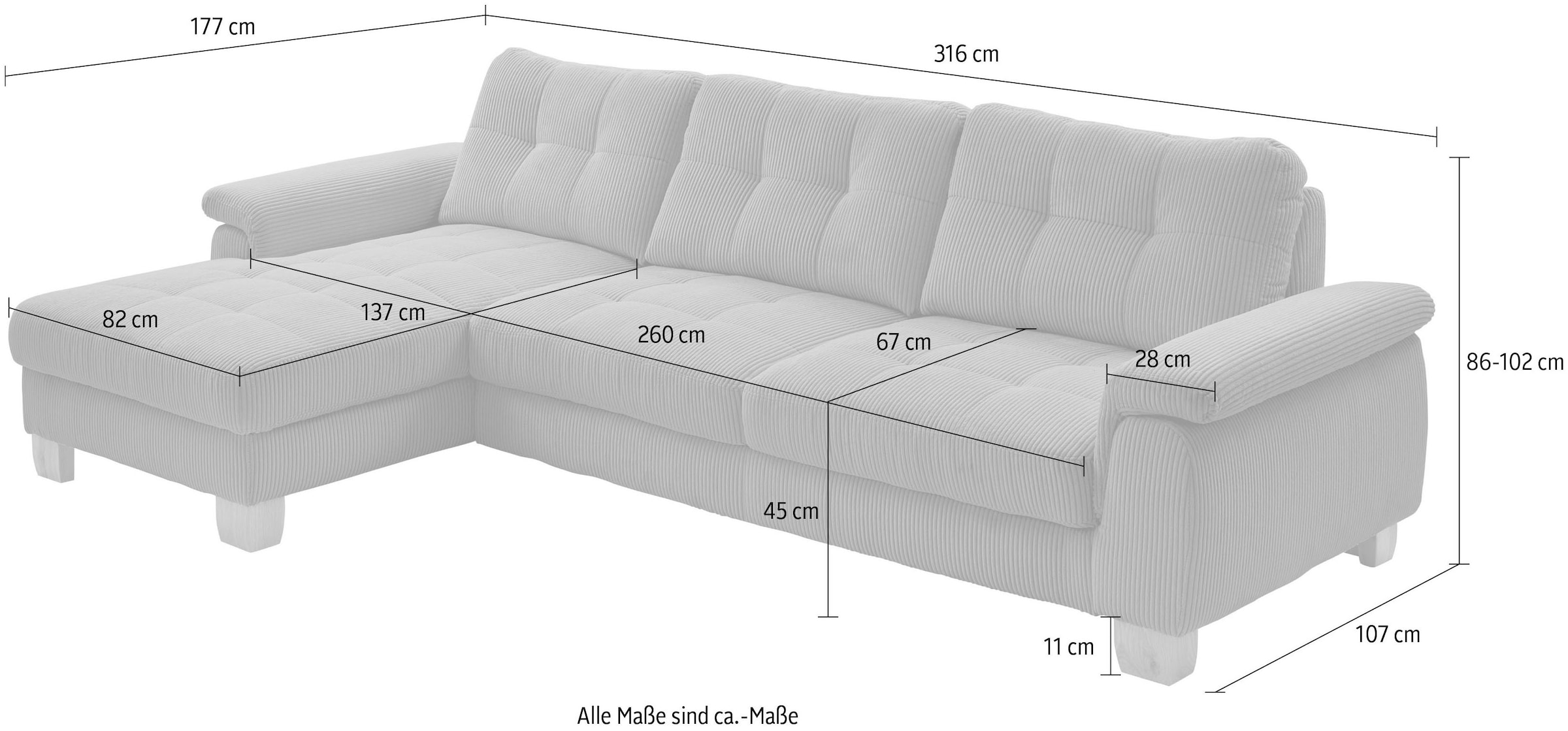 Die PlanBar Ecksofa »PP-LA19101 L-Form, Breite 316 cm« wahlweise mit Bettfunktion und verstellbaren Kopfstützen, in Cord