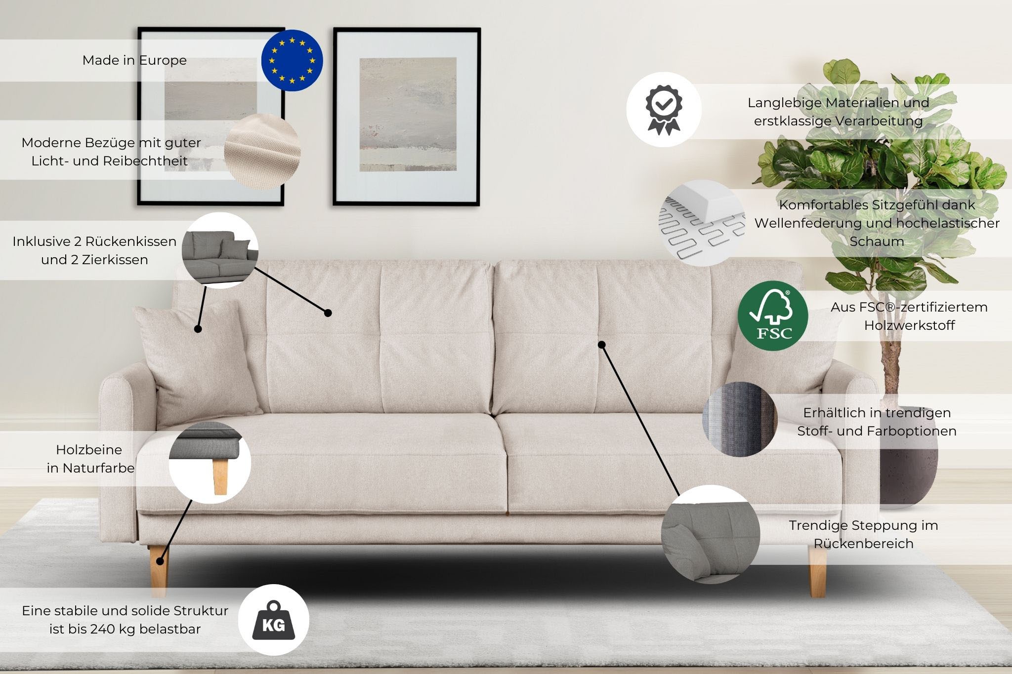OTTO home 2-Sitzer »TRIPLO mit Wellenunterfederung, Maße B/T/H: 165/100/89 cm« Sofa mit Steppung im Rückenbereich, incl. Rückenkissen und Zierkissen