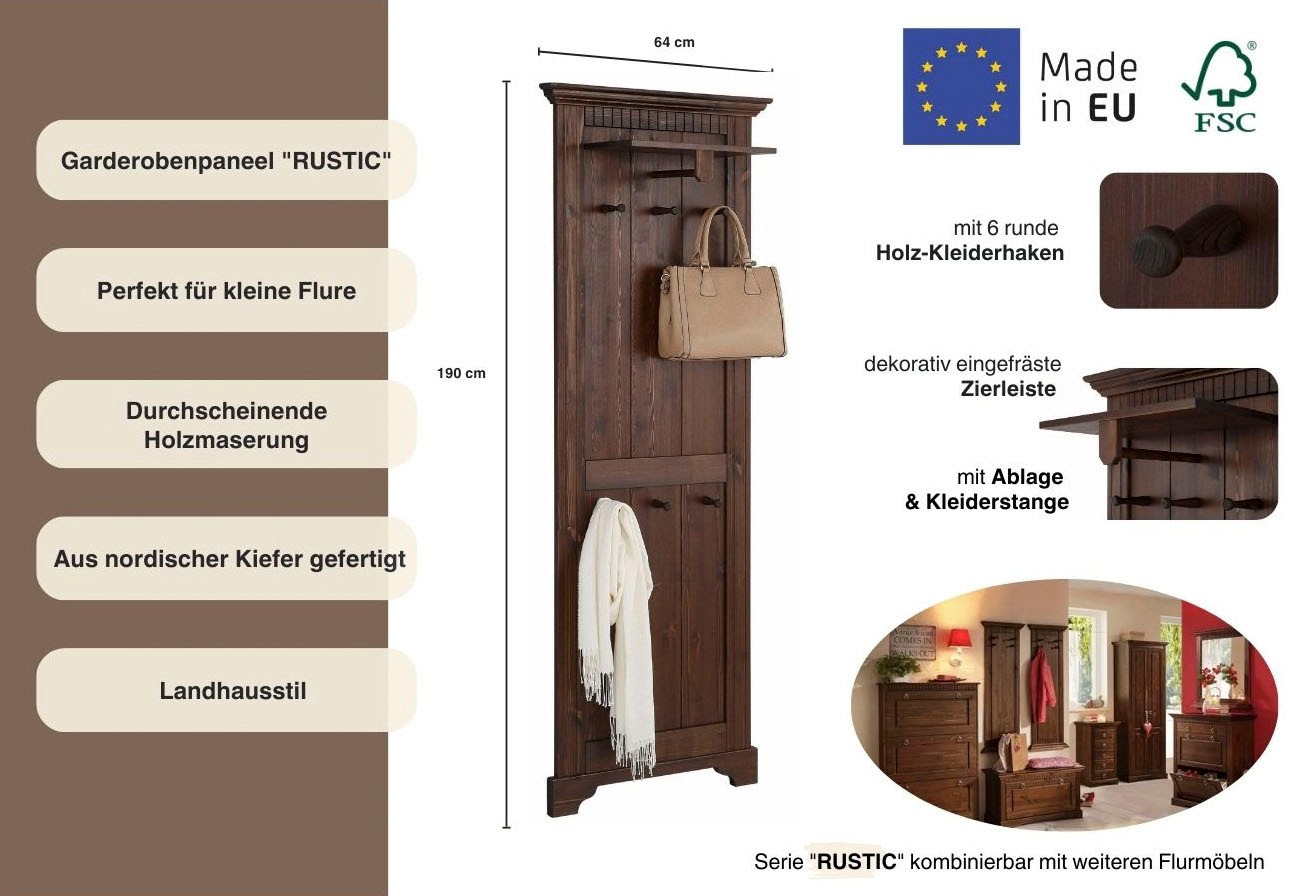 Home affaire Garderobenpaneel »Rustic«, aus massiver Kiefer, Breite 64 cm, FSC®-zertifiziert