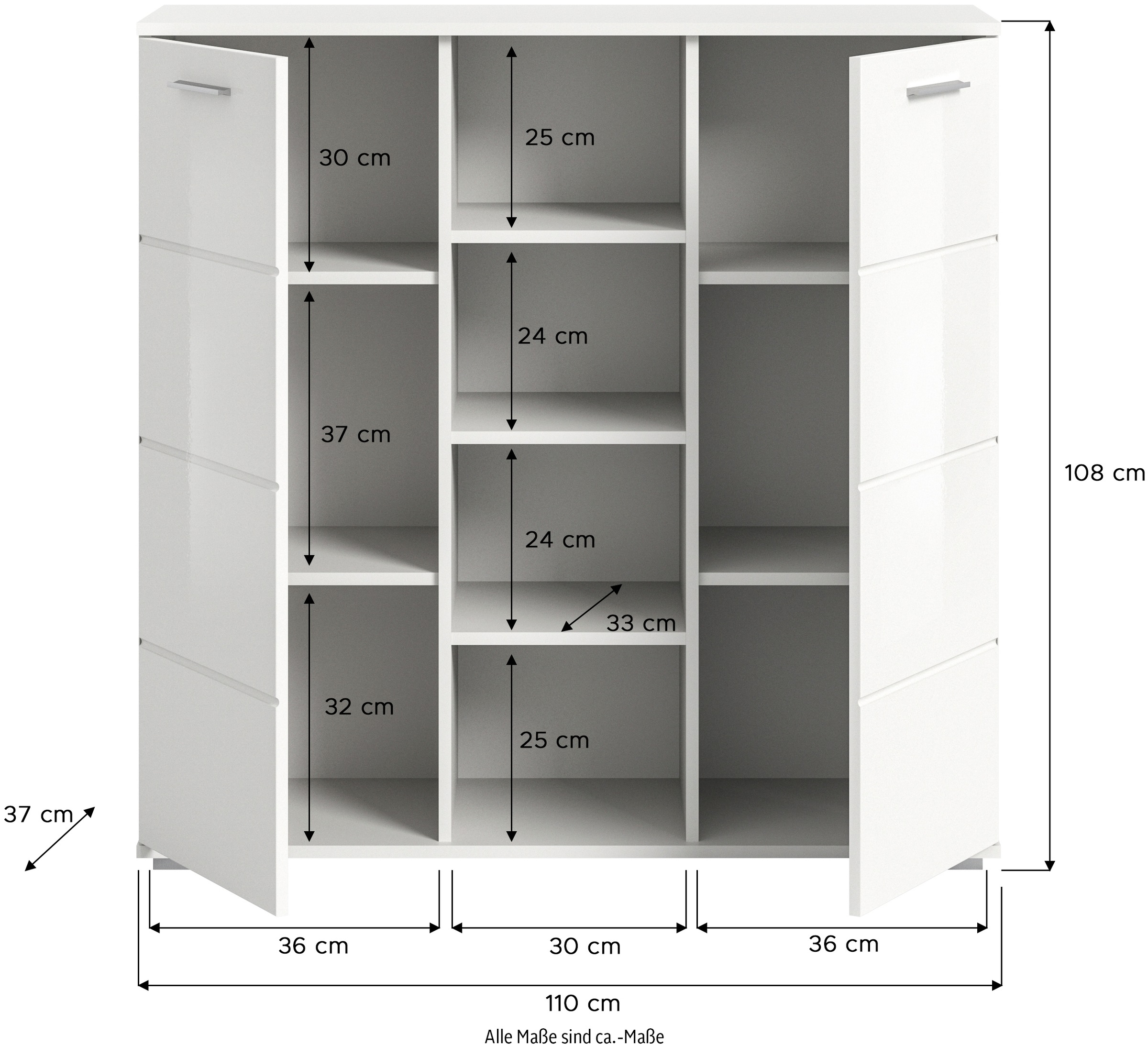 INOSIGN Highboard »Valge, Höhe 108 cm, 2 Türen, 4 verstellbare Böden, 4 offene Fächer«, Front-Rillenfräsung, Schuhschrank, Anrichte, Kommode, Sideboard