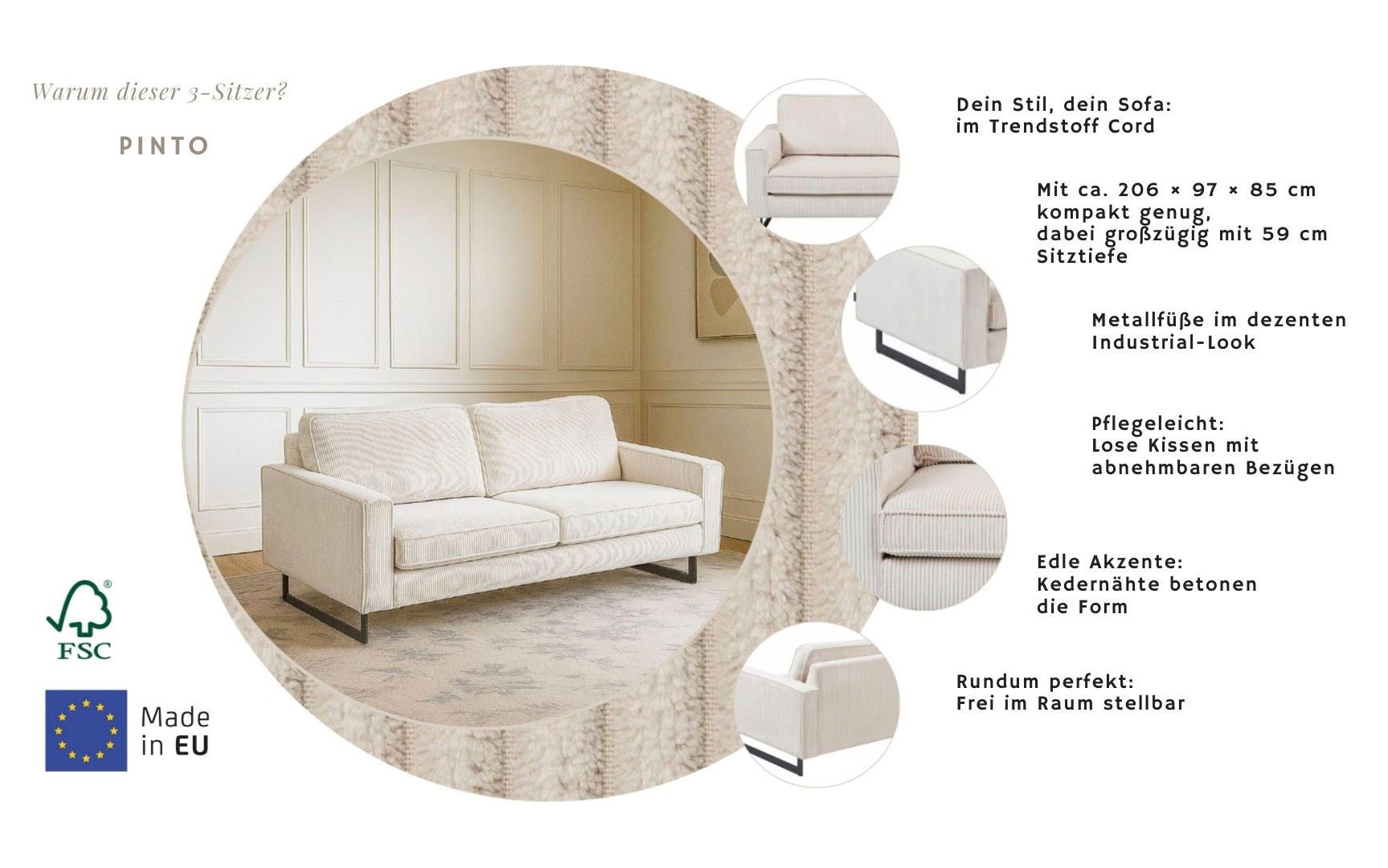 Home affaire 3-Sitzer »Pinto, 206 cm, Cord, Chenille, Lederoptik« mit Keder, schwarze Metallfüße, Wellenunterfederung