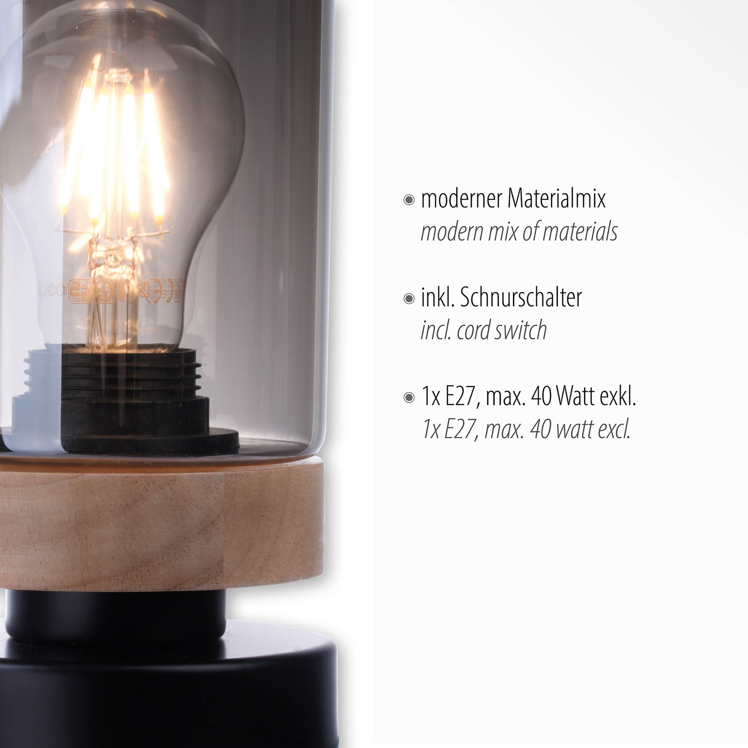 Home affaire Tischleuchte »Tendon«, 1 Garantie geeignet für online E27 flammig-flammig, Holz, Rauchglas, 3 Tischlampe, Jahren Leuchtmittel mit | kaufen XXL Glas, 