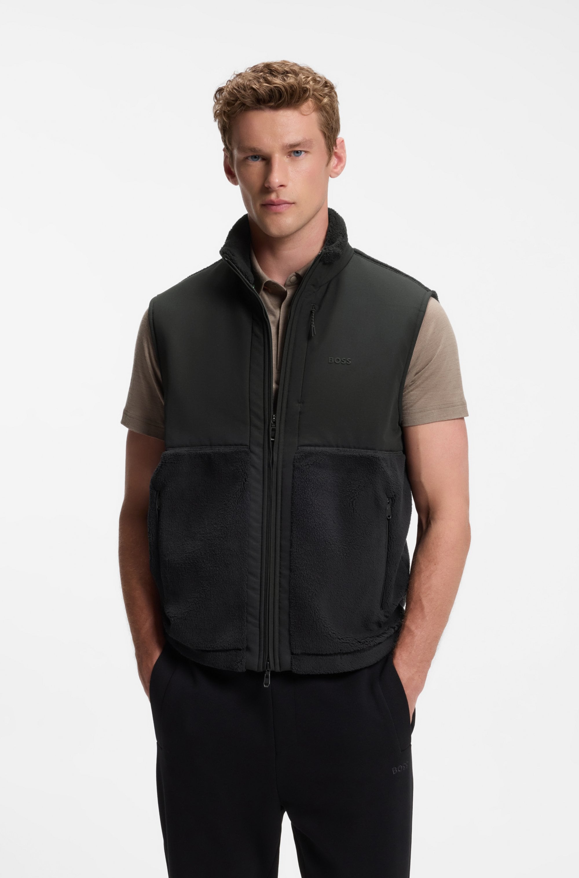 BOSS GREEN Fleeceweste »SW Sveedy« Teddyfleece mit gewebten Kontrastdetails, Relaxed Fit, gesticktes Logo