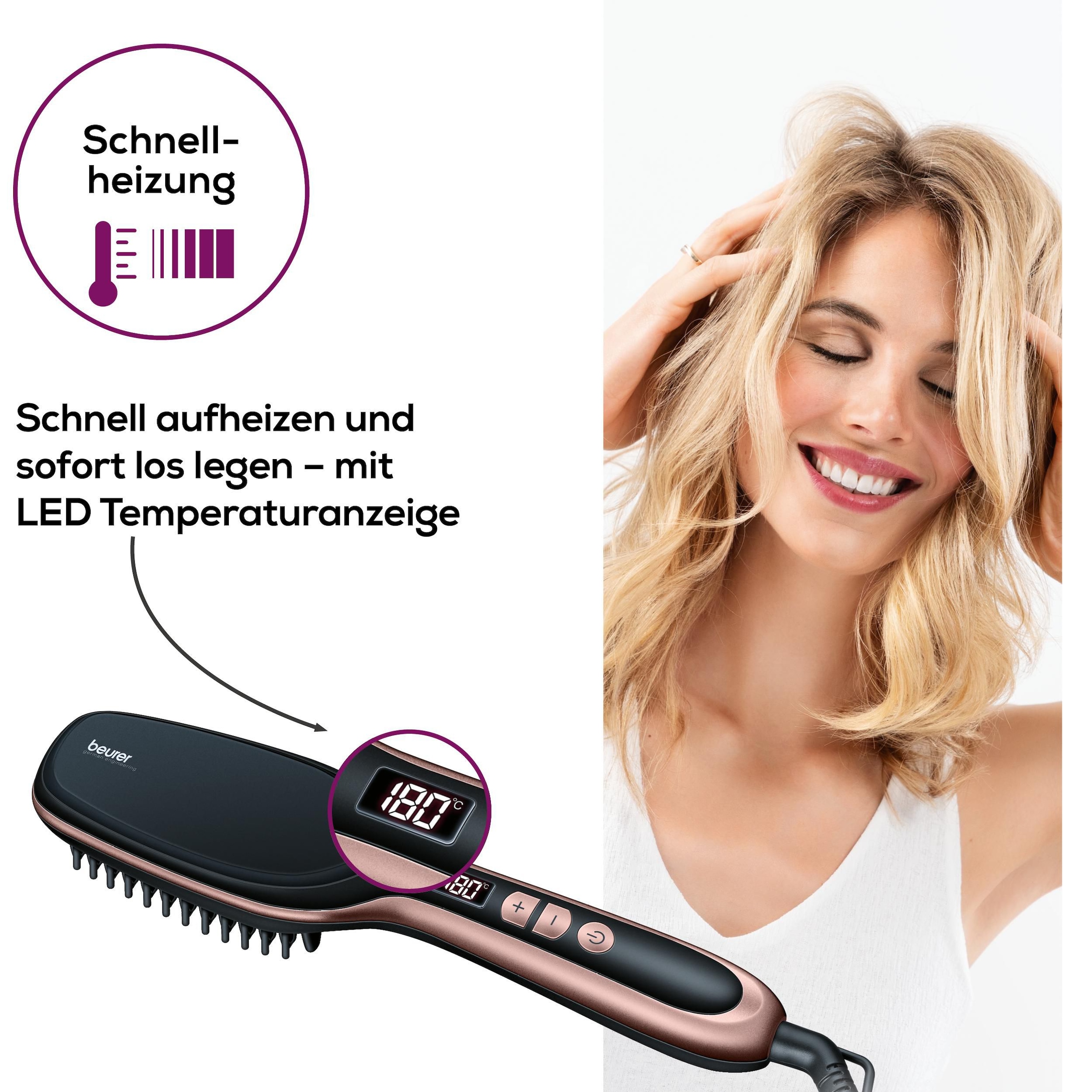 BEURER Haarglättbürste »HS 60 Haarglättungsbürste für geschmeidige, glänzende Haare«, 3-Phasen-System, Mit Keramik Beschichtung zum Schutz der Haare und Ionenfunktion