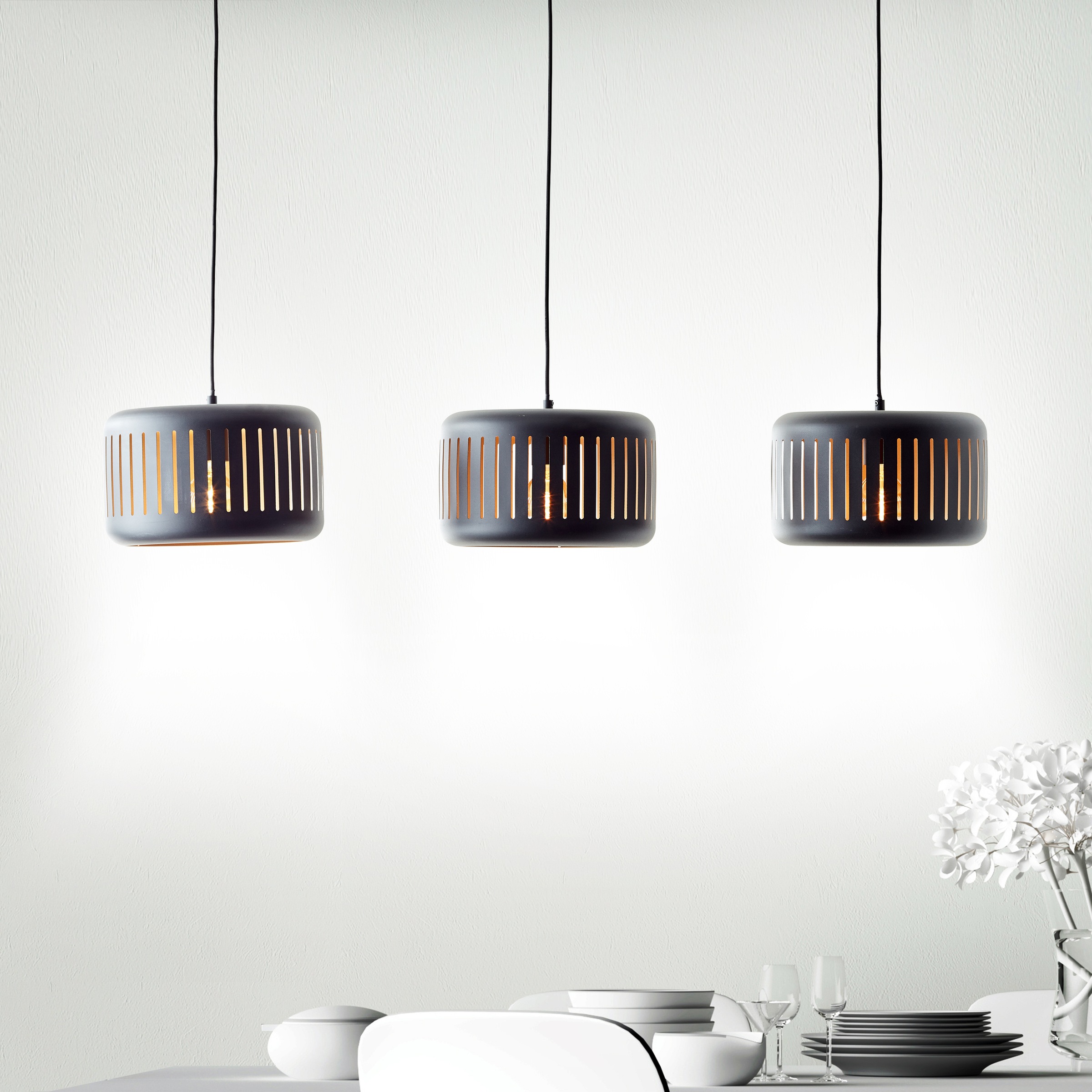 Brilliant Pendelleuchte »Tyas«, 3 flammig, Leuchtmittel E27 | ohne Leuchtmittel, 120 x 110 x 27 cm, 3 x E27, kürzbar, Metall, schwarz/goldfarben