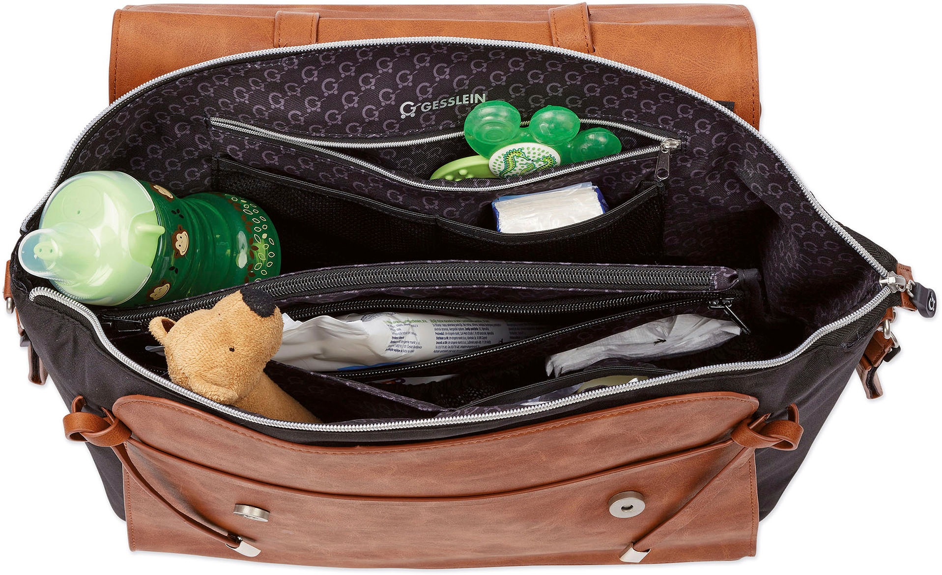 Gesslein Wickeltasche »N°4 cognac, dark oliv«, mit Wickelauflage und Flaschenhalter, Made in Germany