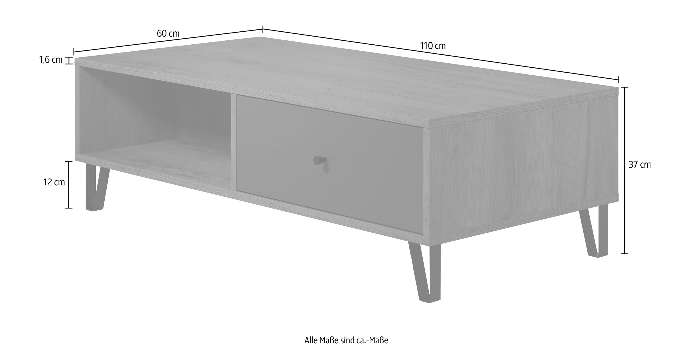 Places of Style Couchtisch »Molveno«, (1 St.), Sofatisch mit 2 Fächern, Schubladen und extravaganten Metall-Füßen