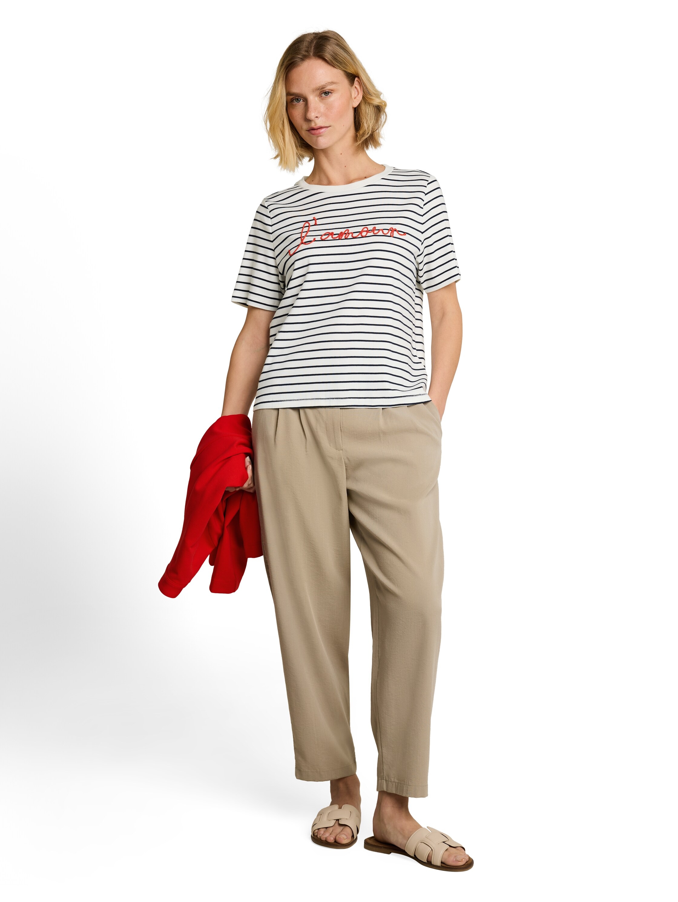 TOM TAILOR Kurzarmshirt Sommershirt im Streifen-Look und mit Workung-Stickerei