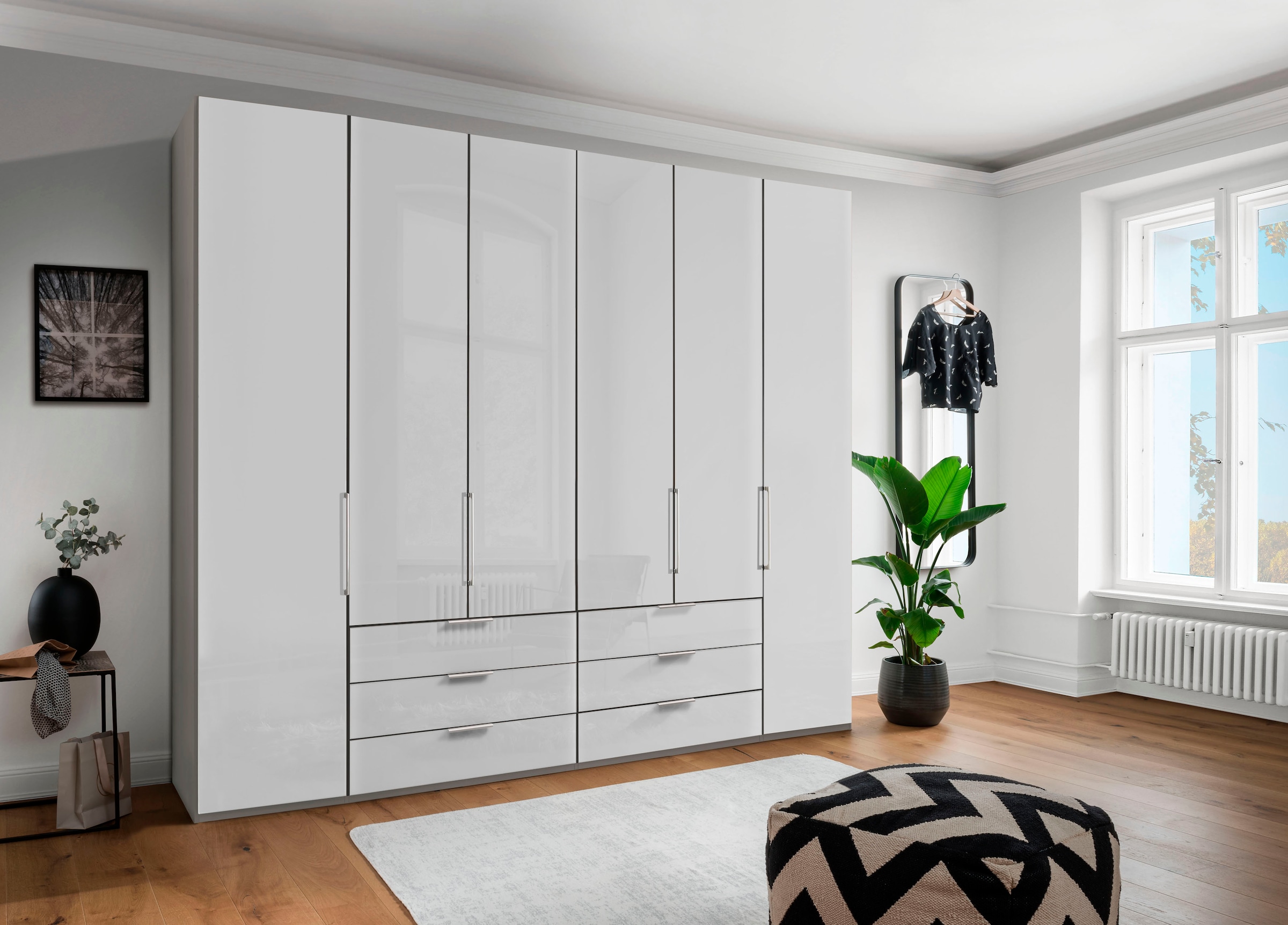 WIEMANN Falttürenschrank »Monaco, Kleiderschrank, Schrank, Wäscheschrank, mit edler Glasfront«, (2 Breiten, 2 Höhen 216/236 cm auswählbar, MADE IN GERMANY), inkl. gepämpften Schubkästen und Türen, mit Panoramaöffnung