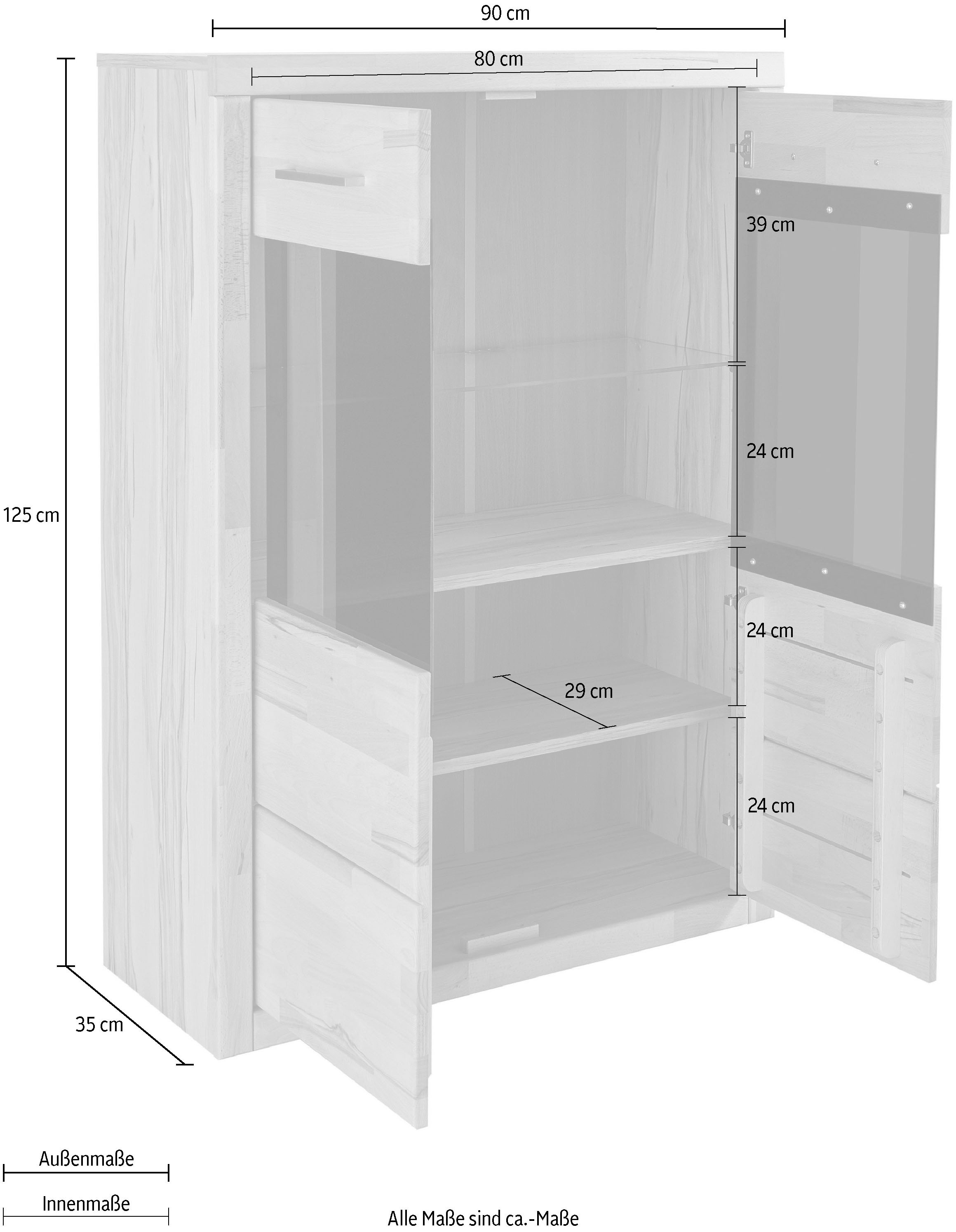 Home affaire Stauraumvitrine »Ribe,125cm hoch,112cm breit,4 breite Fächer«, Oberplatte Eiche massiv,dunkles Glas, schwarze Metall Griffe