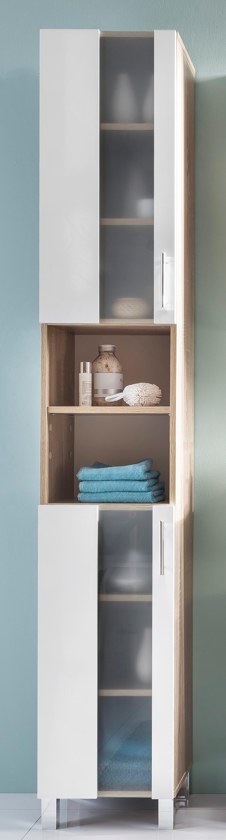 welltime Hochschrank »Padua«, Badschrank Weiß Hochglanz mit satiniertem Glas - (B/T/H) 33/31/191 cm