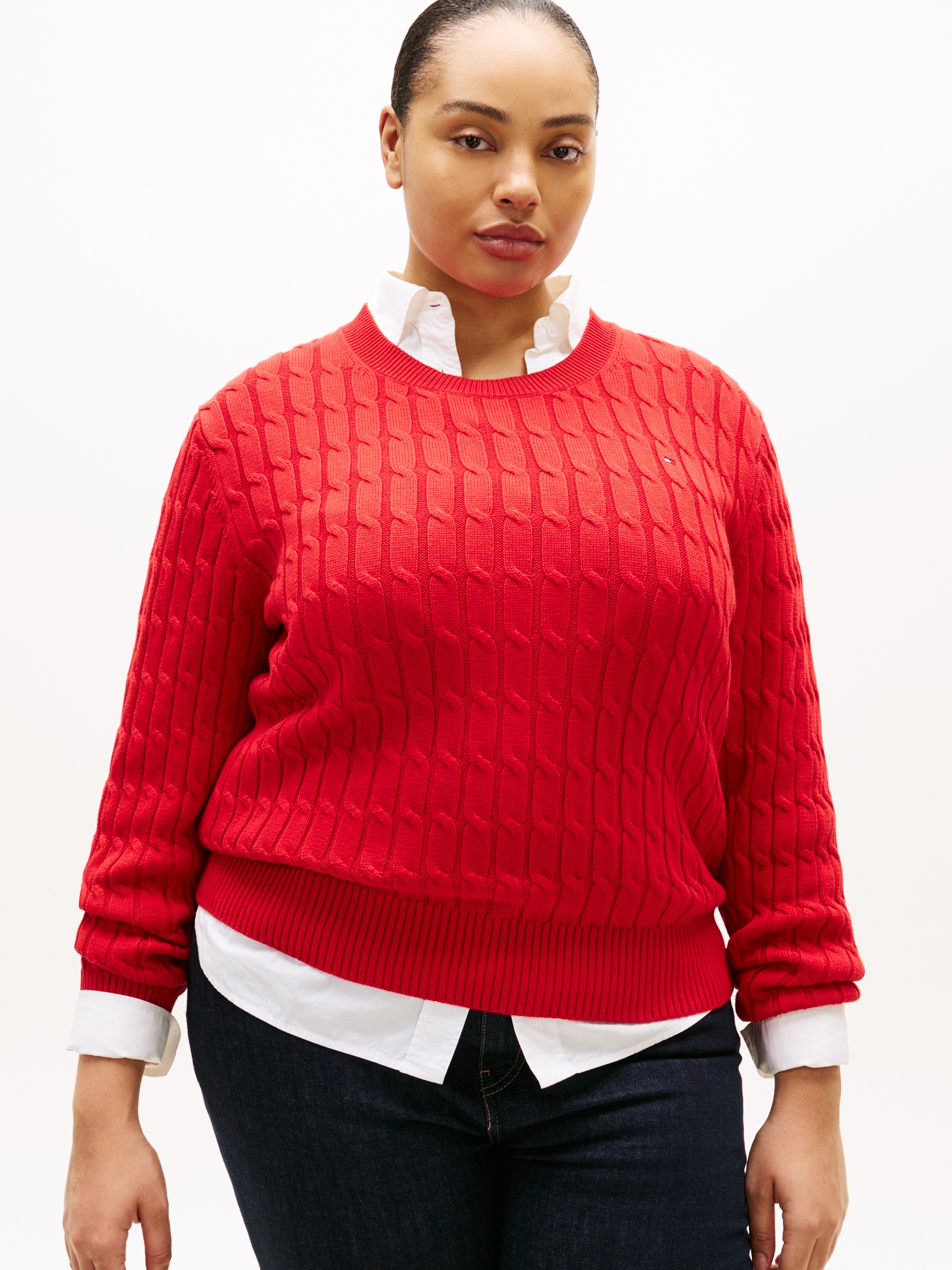 Tommy Hilfiger Curve Rundhalspullover »CRV CO CABLE MID GG C-NK LS SWT« in großen Größen, mit Zopfmuster