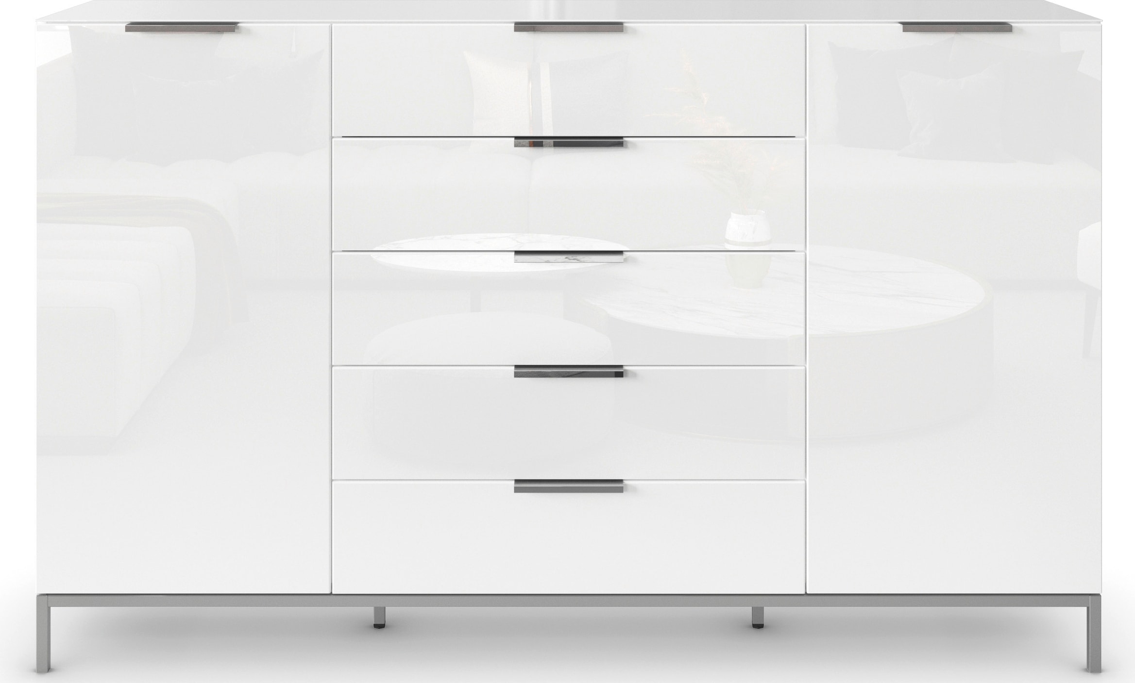 rauch Schubkastenkommode »Kommode Türkommode Sideboard Kombikommode FLIPP mit Glasfront« Breite 160/180 cm mit 4 Einlegeböden,  2-türig, 5 Schubladen, Soft-Close, Oberboden und Front Glas, 2 Breiten