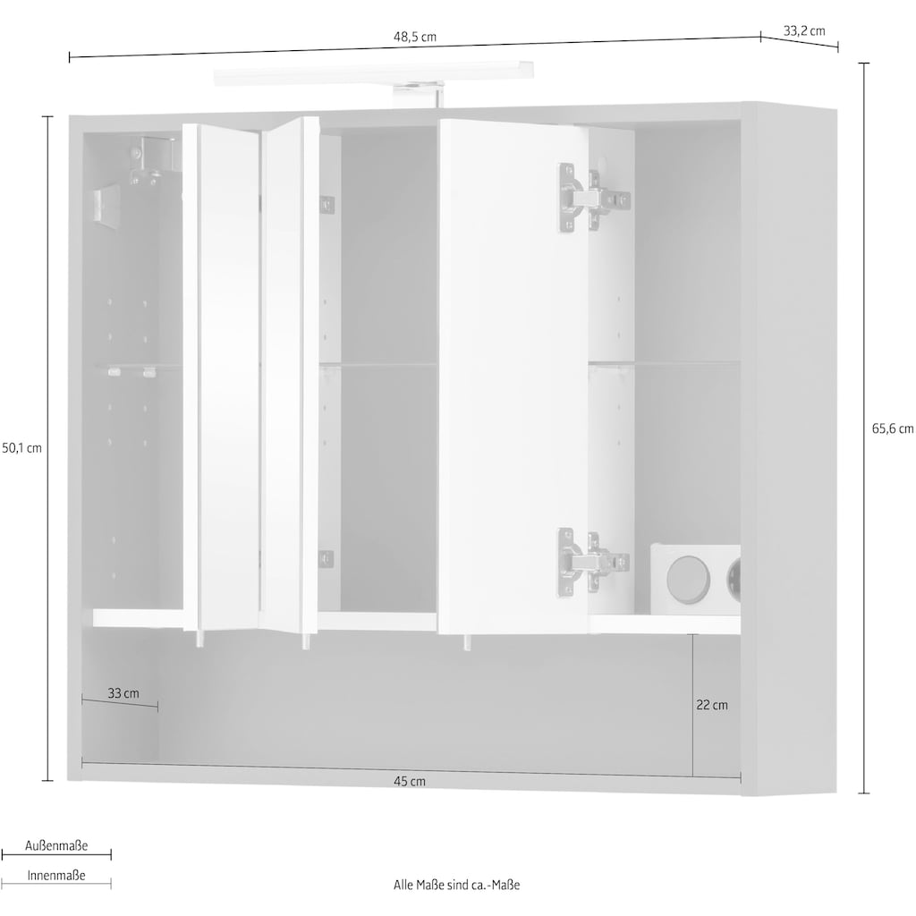 Schildmeyer Spiegelschrank »Kimi / Kent«, Breite 70 cm, 3-türig, LED-Beleuchtung, Schalter-/Steckdosenbox