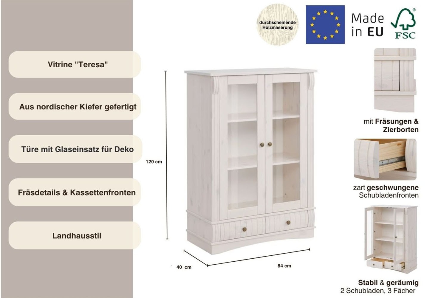 Home affaire Vitrine »Teresa«, mit 2 Glastüren und 2 Schubladen, Höhe 120 cm, aus Massivholz