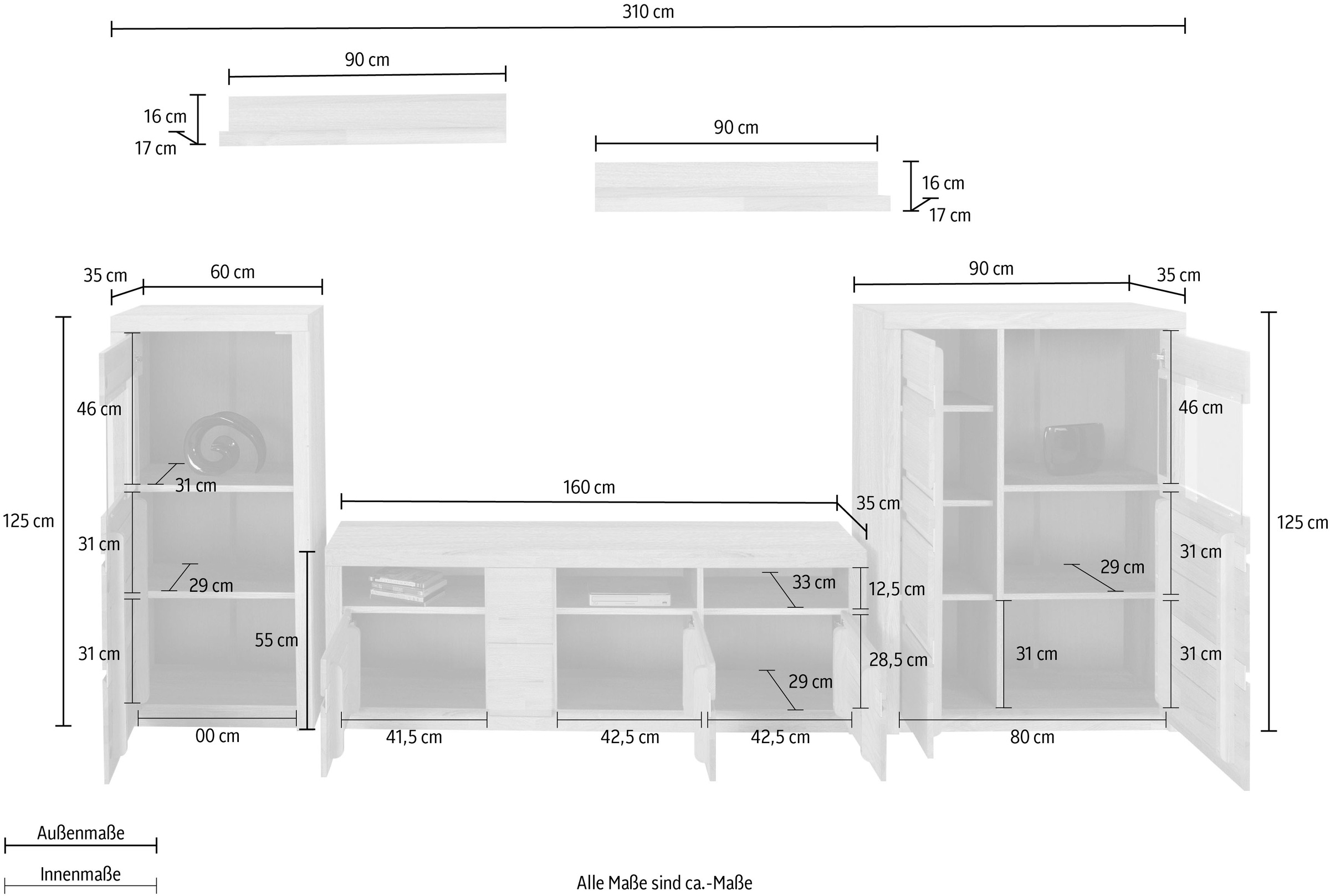 Home affaire Wohnwand »Silkeborg«, (Set, 5 St.), teilmassiv mit schöner griffloser Optik
