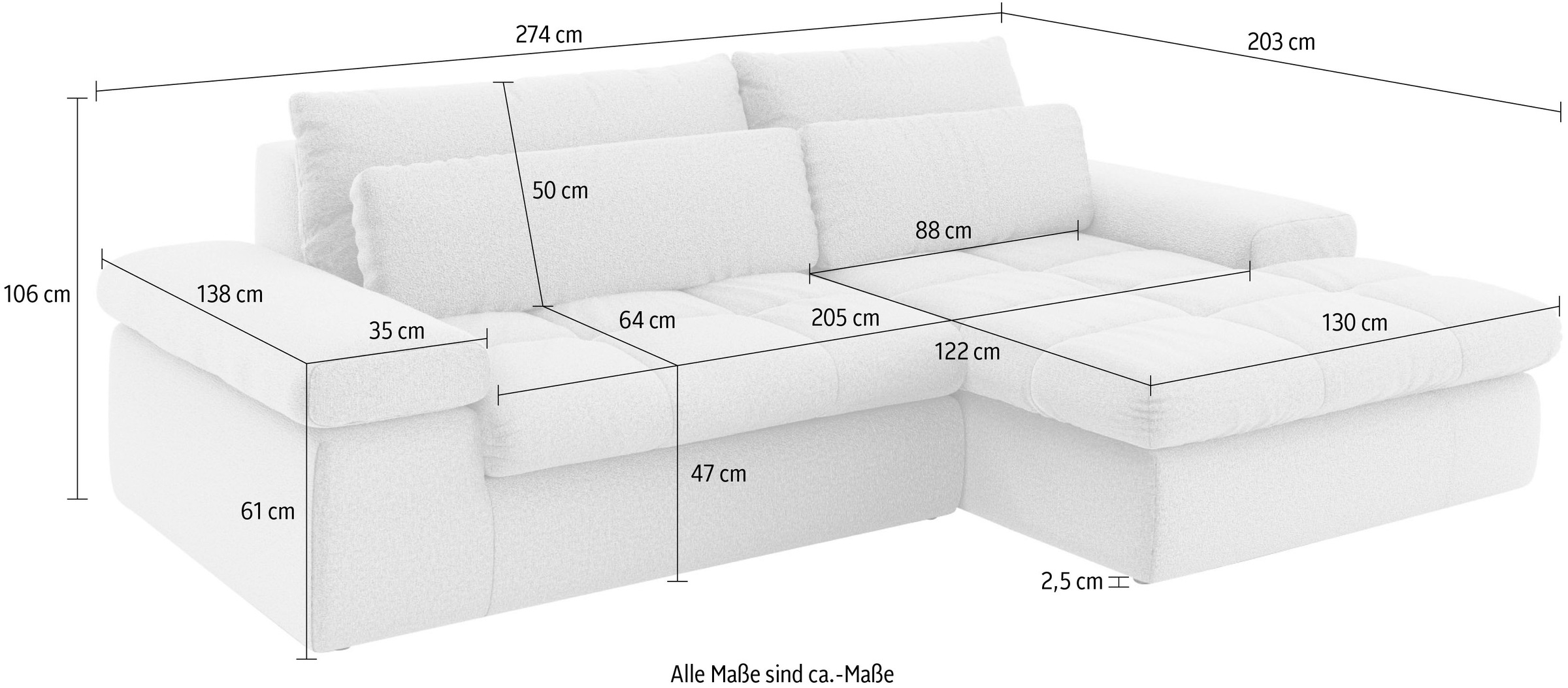 Home affaire Ecksofa »ALVERIE mit Recamiere, moderne Steppung, Maße: B/T/H 274/203/106 cm«, L-Form mit Wellenunterfederung, mit 4 Rückenkissen, pflegeleicht Stoff