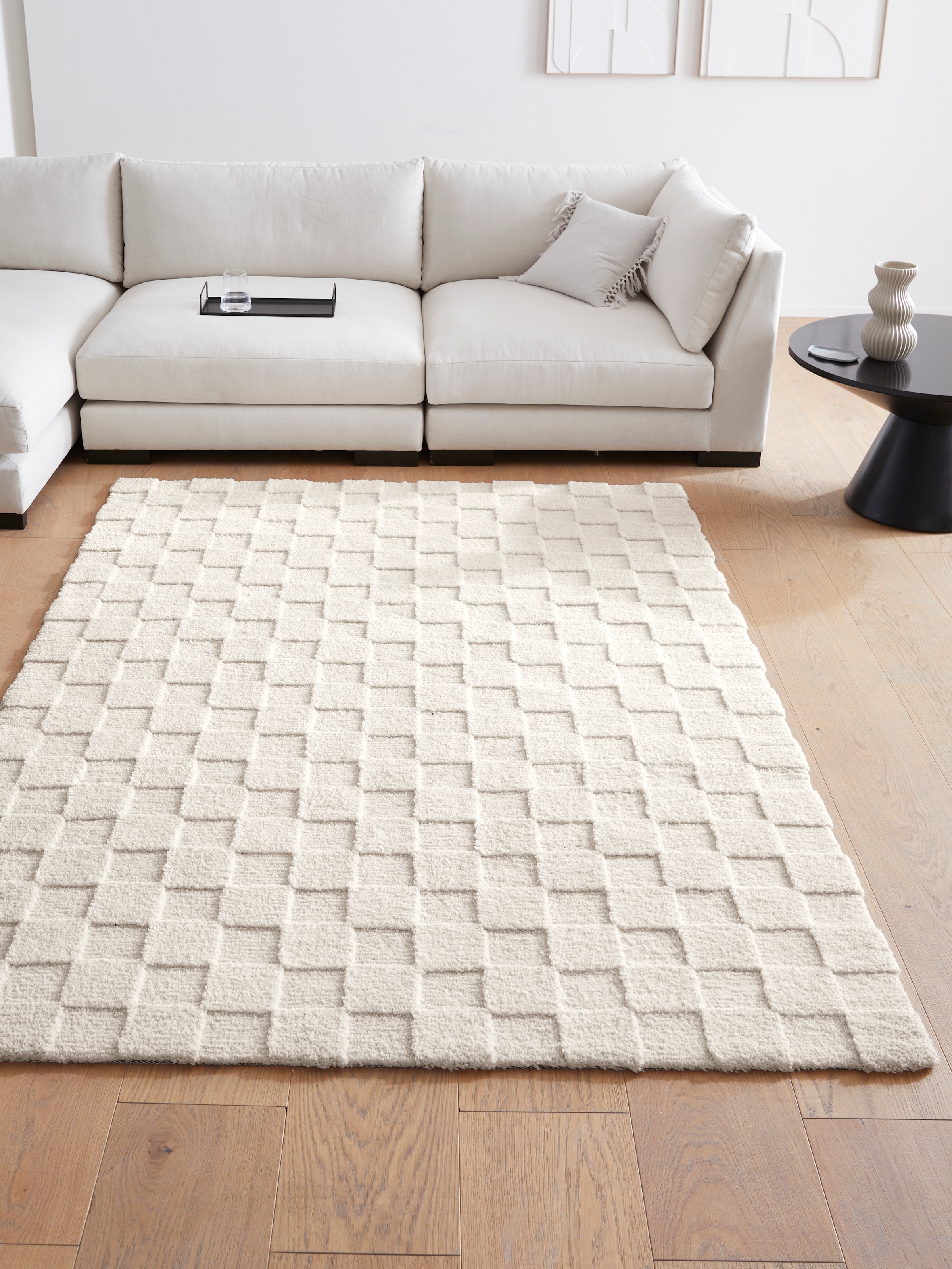 LeGer Home by Lena Gercke Teppich »Esmé, Hochflor-Teppiche, weich, Boho«, rechteckig, 23 mm Höhe, Hoch-Tief-Struktur, Uni, Kästchen, Wohnzimmer, Schlafzimmer, Esszimmer