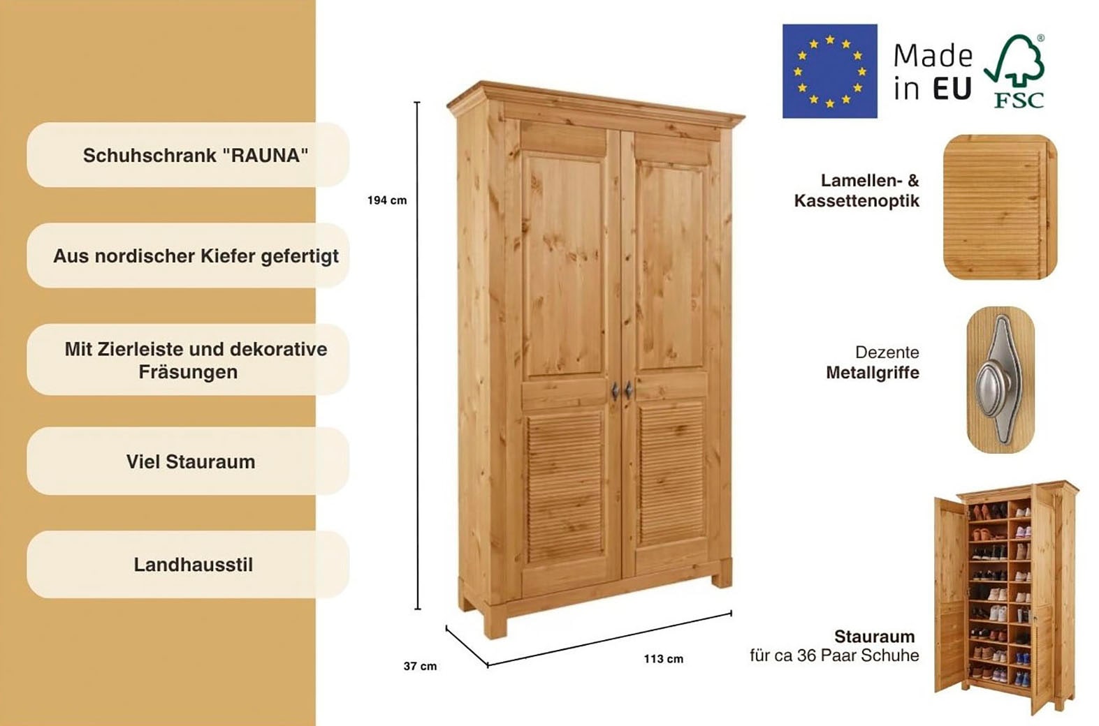 Home affaire Schuhschrank »Rauna« aus massiver Kiefer, viel Stauraum