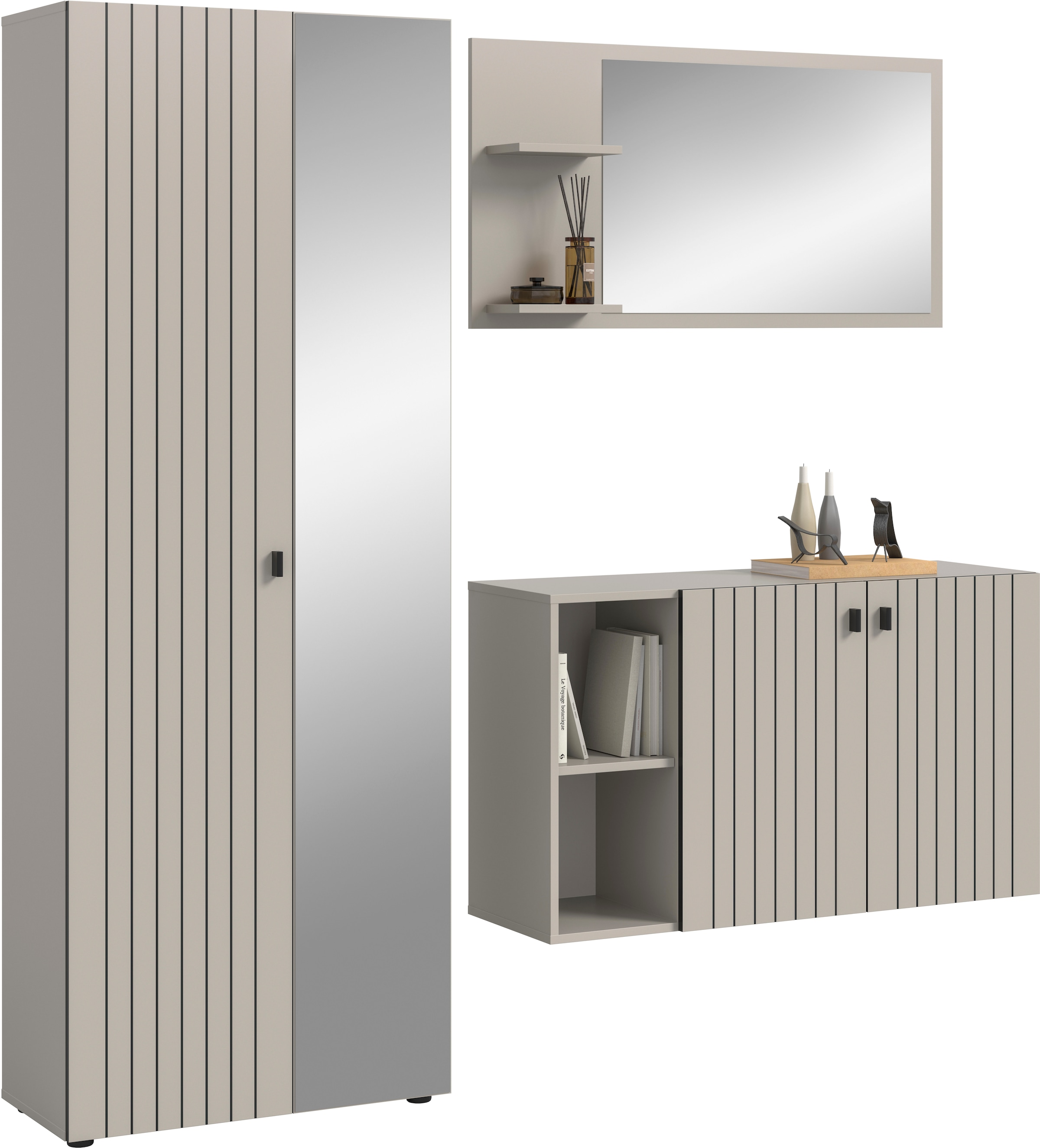 INOSIGN Garderoben-Set »TATIO, 3-tlg. Garderobenkombination, Breite: 191 cm, Rillenfräsung« Set, Set, best. aus: 1 Spiegel, 1 Garderobenschrank, 1 Schuhkommode, 3 Stk. tlg.