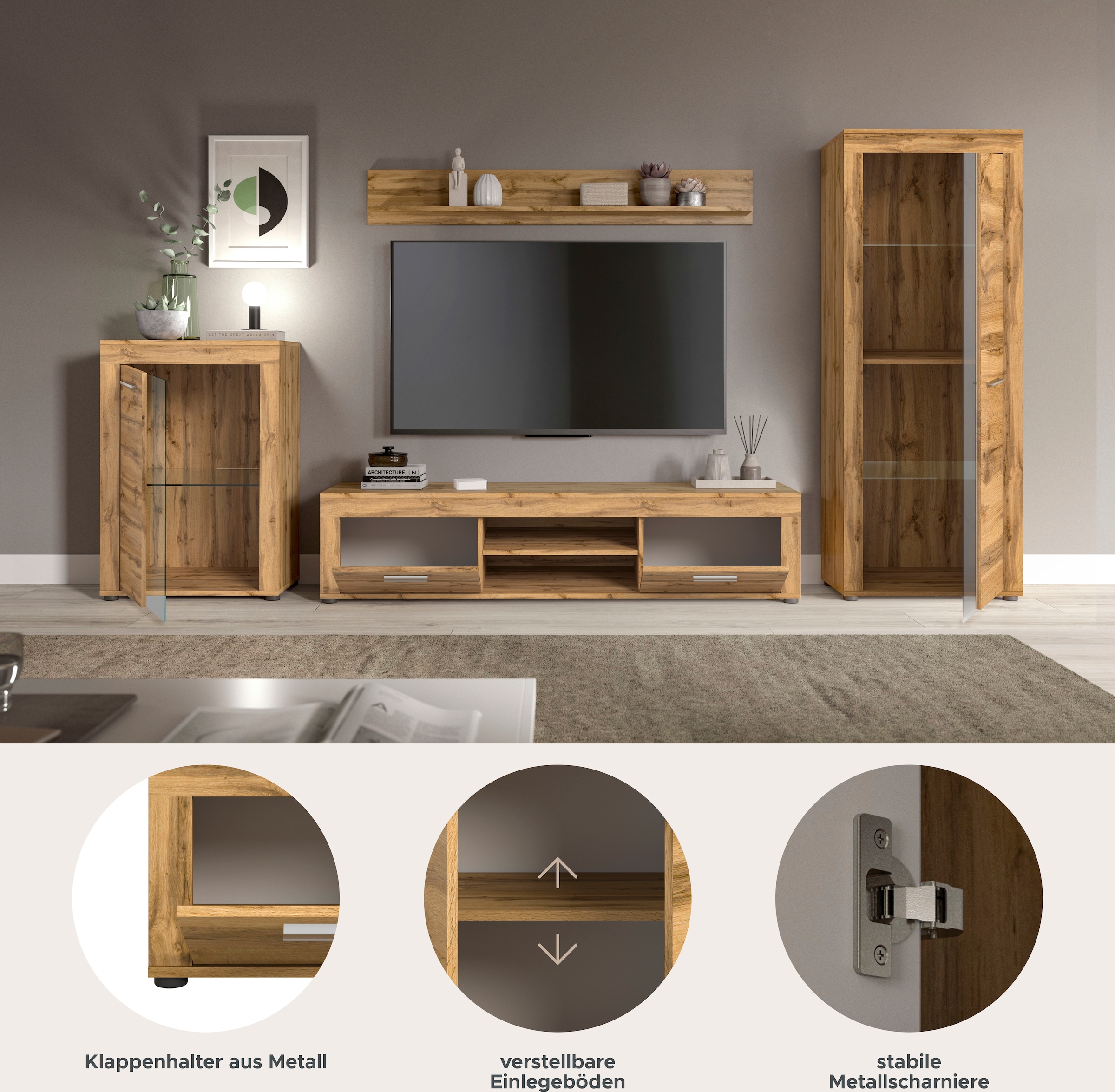 INOSIGN Wohnwand »Aosta, 4-tlg., best. aus: Vitrine, Lowboard, Wandboard & Vitrine hoch«, (4 St.), Wohnwand, Kombination, Anbauwand, Möbel Set, Schrankwand, Möbel Kombi