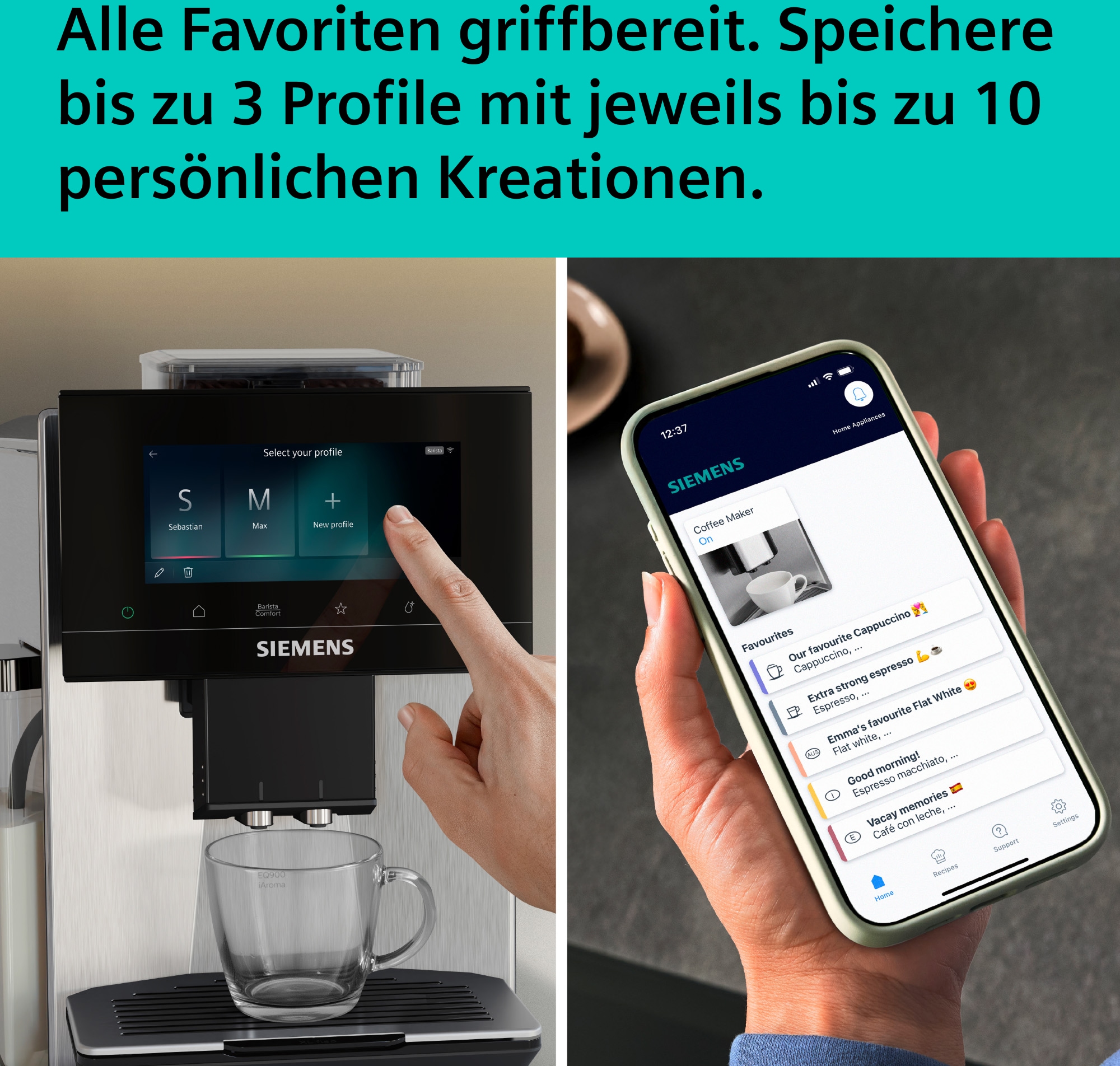 SIEMENS Kaffeevollautomat »EQ900 TQ923E03, 41 versch. Getränke, XL-Getränke, Doppeltassenfunktion« farbiges 6.8'' TFT-Display, individuelle Aromaeinstellung, Edelstahl