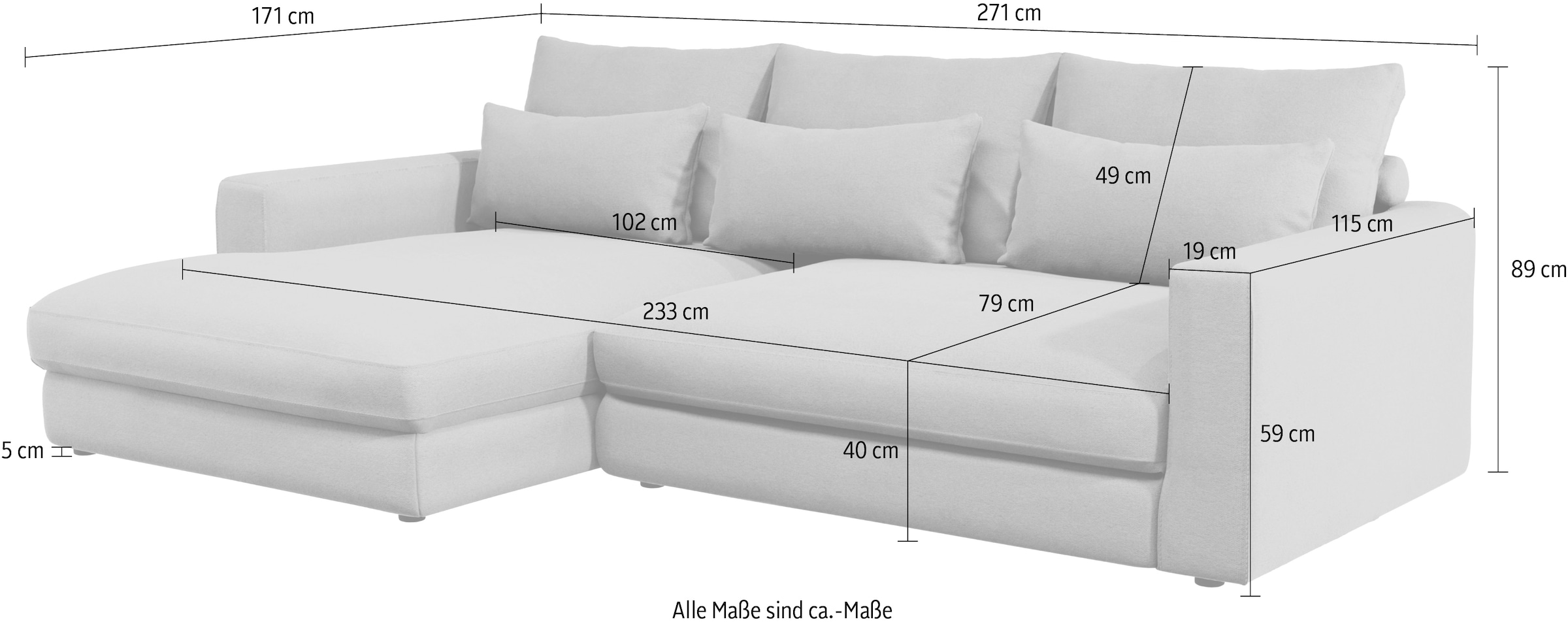 Home affaire Ecksofa »Darwin, viele Kissen, extra tiefe Sitzfläche, 271/89/171 (B(H/T)«, gemütlich und weich, L-Form, mit extra softem Sitzkomfort, Cord