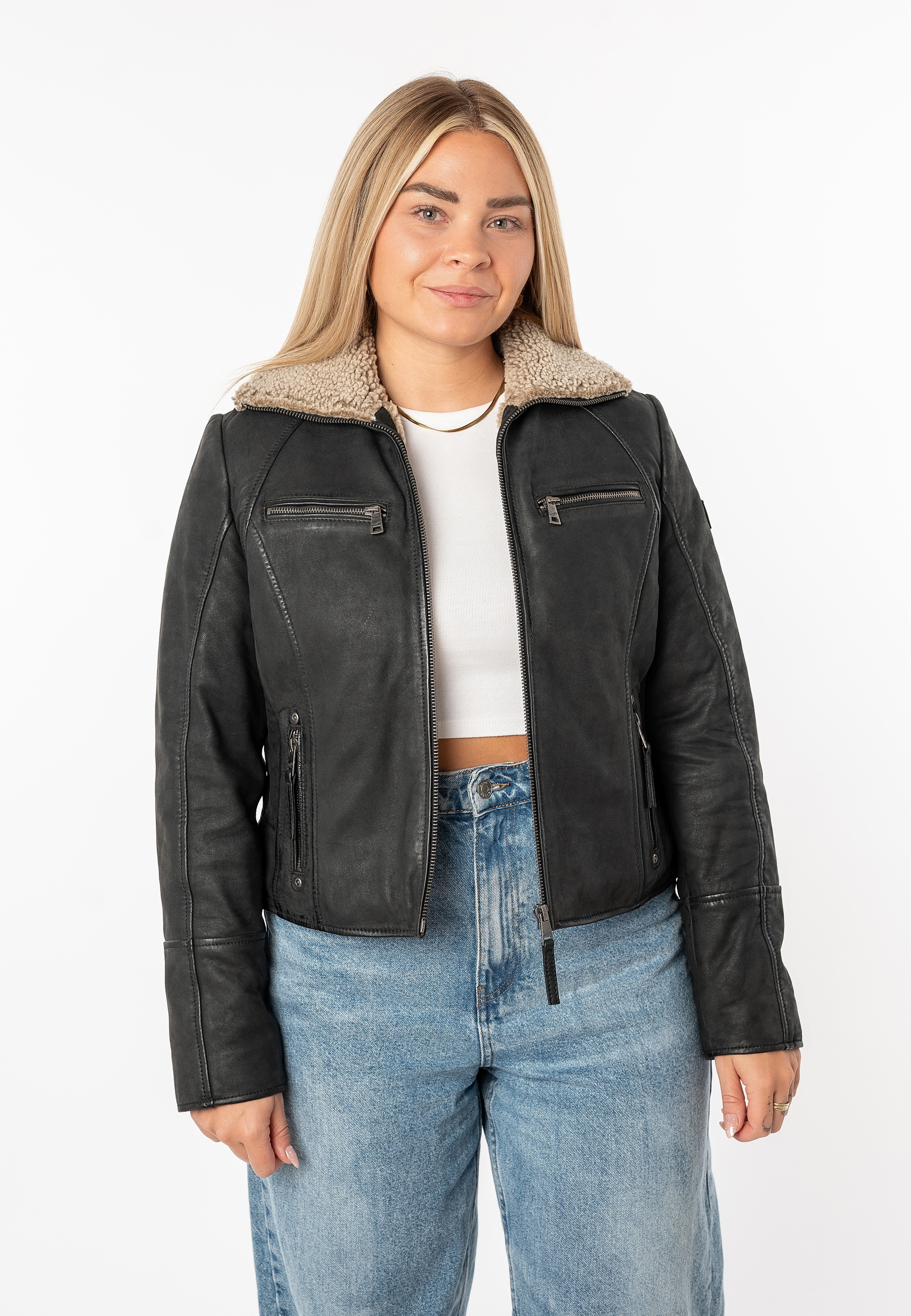 Mauritius Lederjacke »MWNaedda« mit hochschließendem Kragen mit Teddyplüschbesatz - wärmend