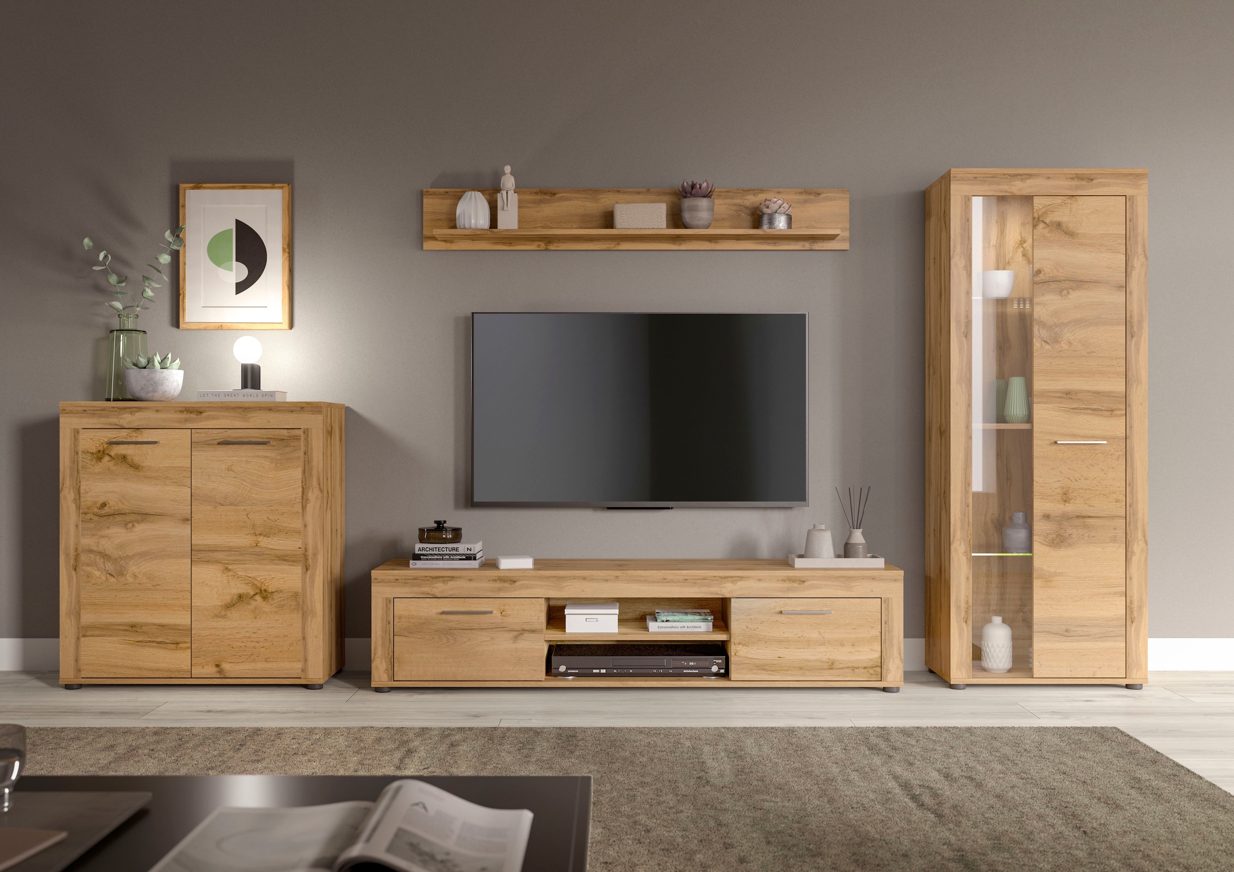 INOSIGN Wohnwand »Aosta, Breite 330cm, best. aus Highboard, Lowboard, Wandboard, Vitrine«, (4 St.), Wohnwand, Kombination, Anbauwand, Möbel Set, Schrankwand, Möbel Kombi
