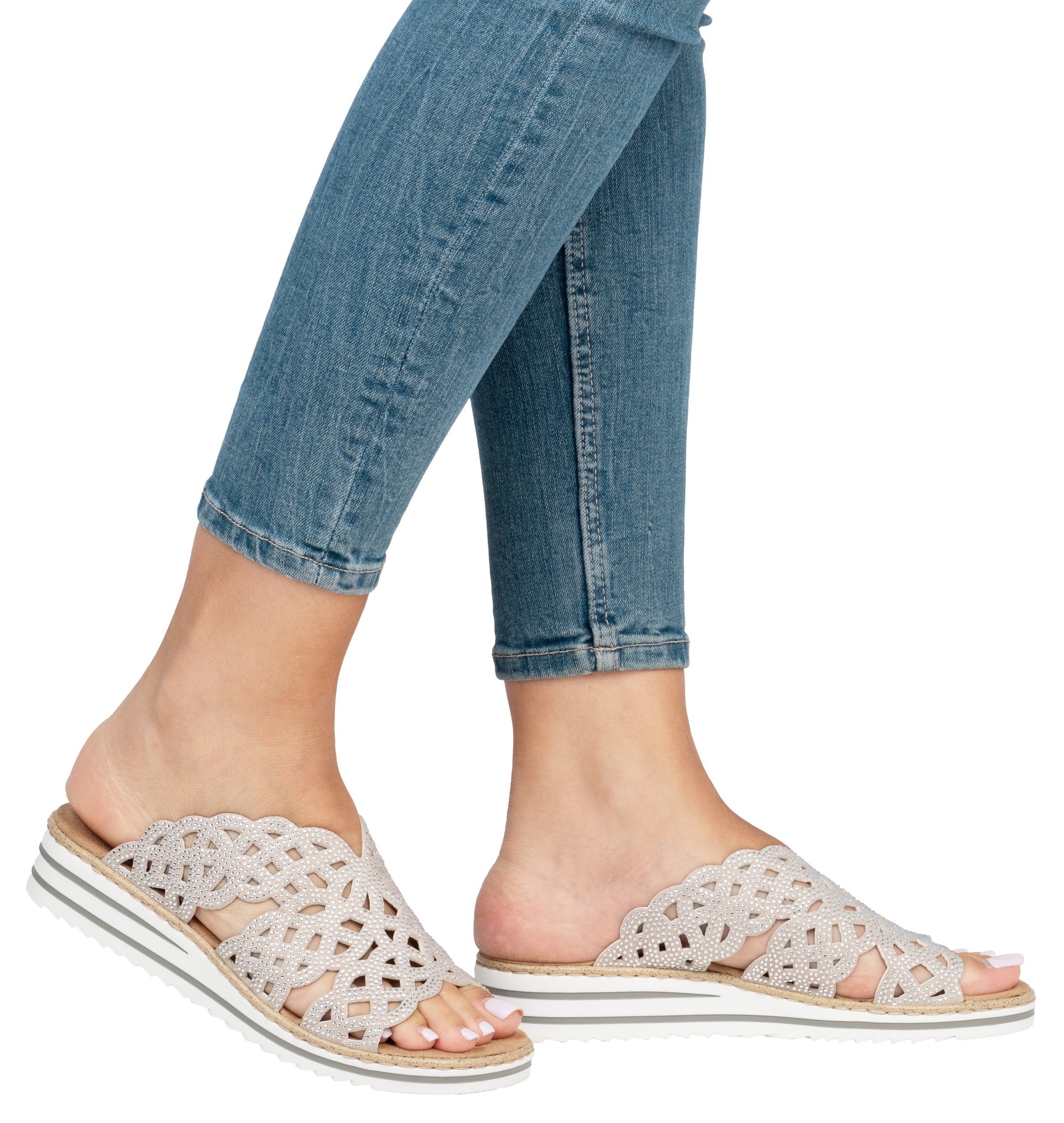 Rieker Pantolette, Sommerschuh, Strandschuh, Hausschuh, Keilabsatz, mit Strass-Steinchen