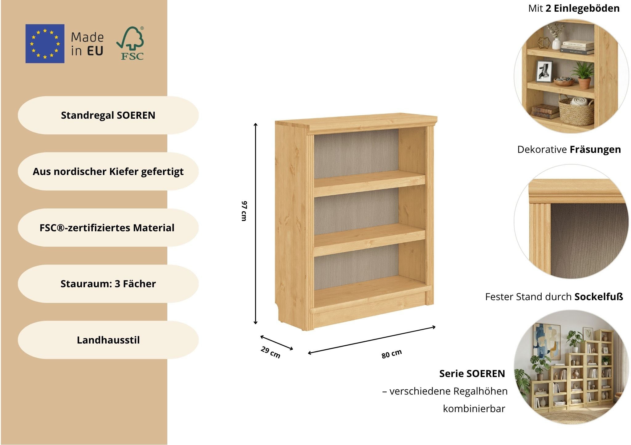 OTTO home Standregal »Soeren Regal Bücherregal B/T/H: 80/29/97 cm« massive Kiefer, FSC®-zertifiziert