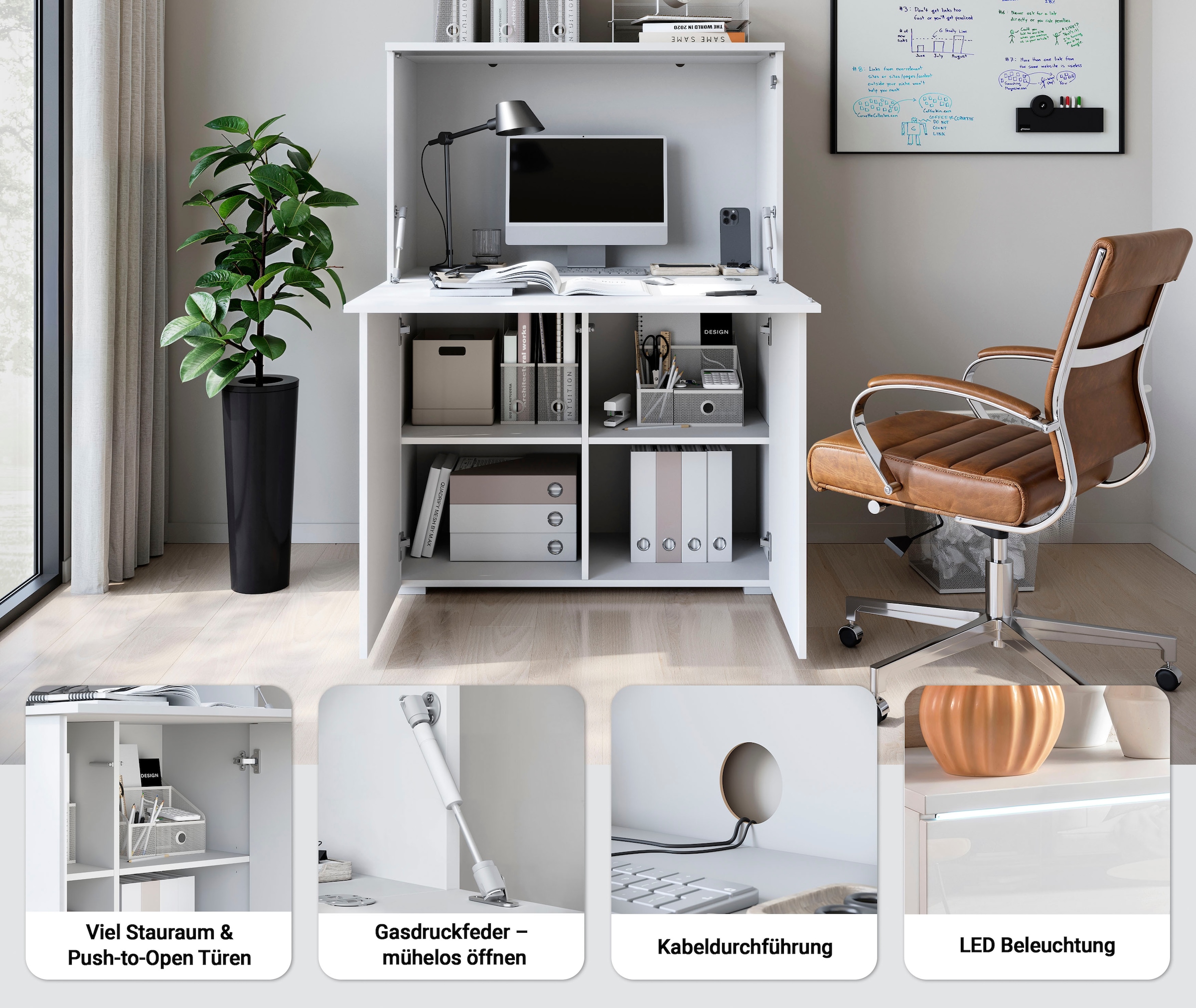 Home affaire PC-Schrank »Vera, Sekretär, Home-Office-Schreibtisch mit LED-Beleuchtung« 1 Stk. tlg. Multifunktional mit Stauraum, klappbare Tischfläche, LED, B 90 cm