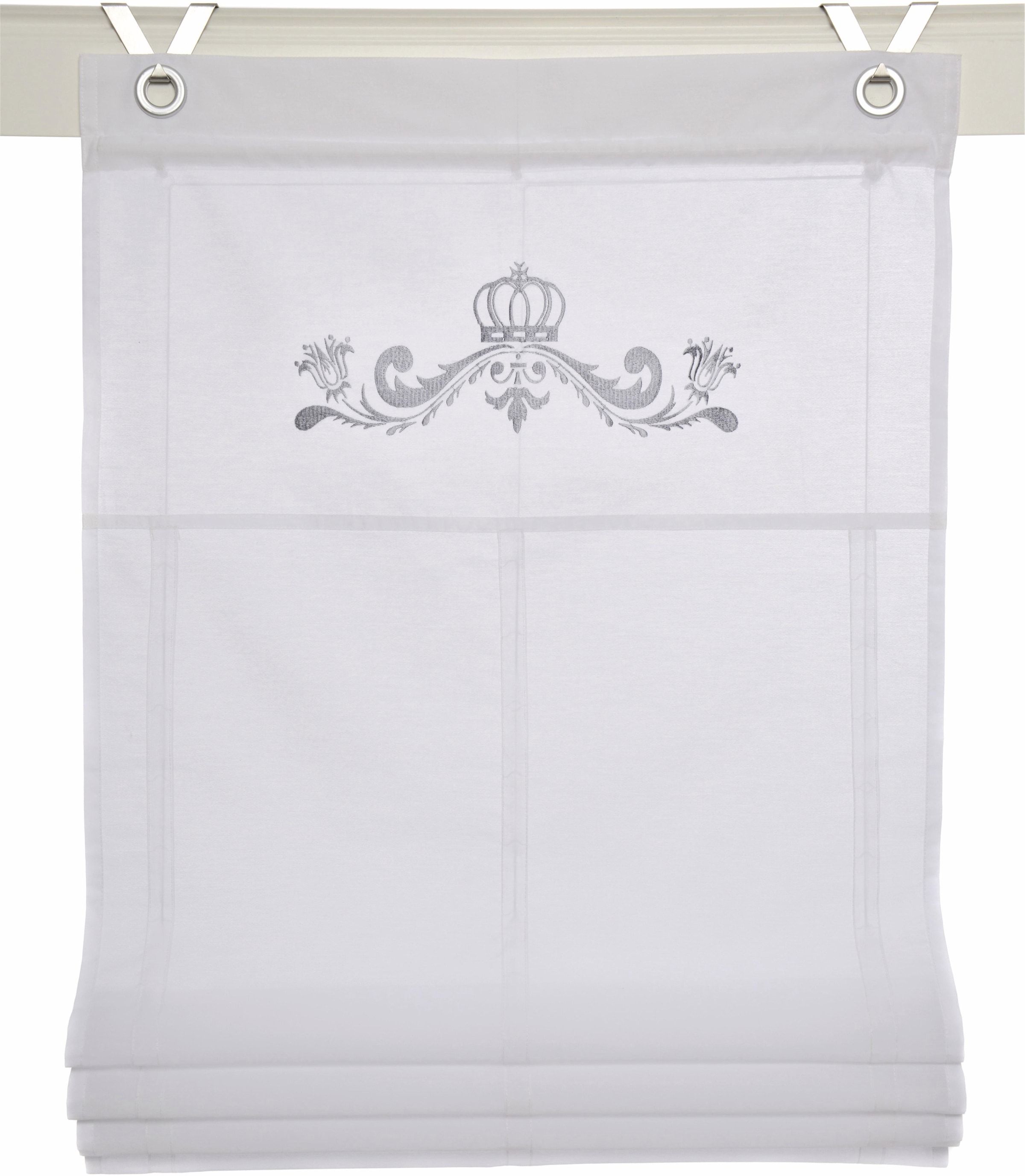 Kutti Raffrollo »Kessy Crown«, mit Hakenaufhängung, ohne Bohren, Ösenrollo,  weiß, blickdicht, bestickt, Motiv, Krone, silber