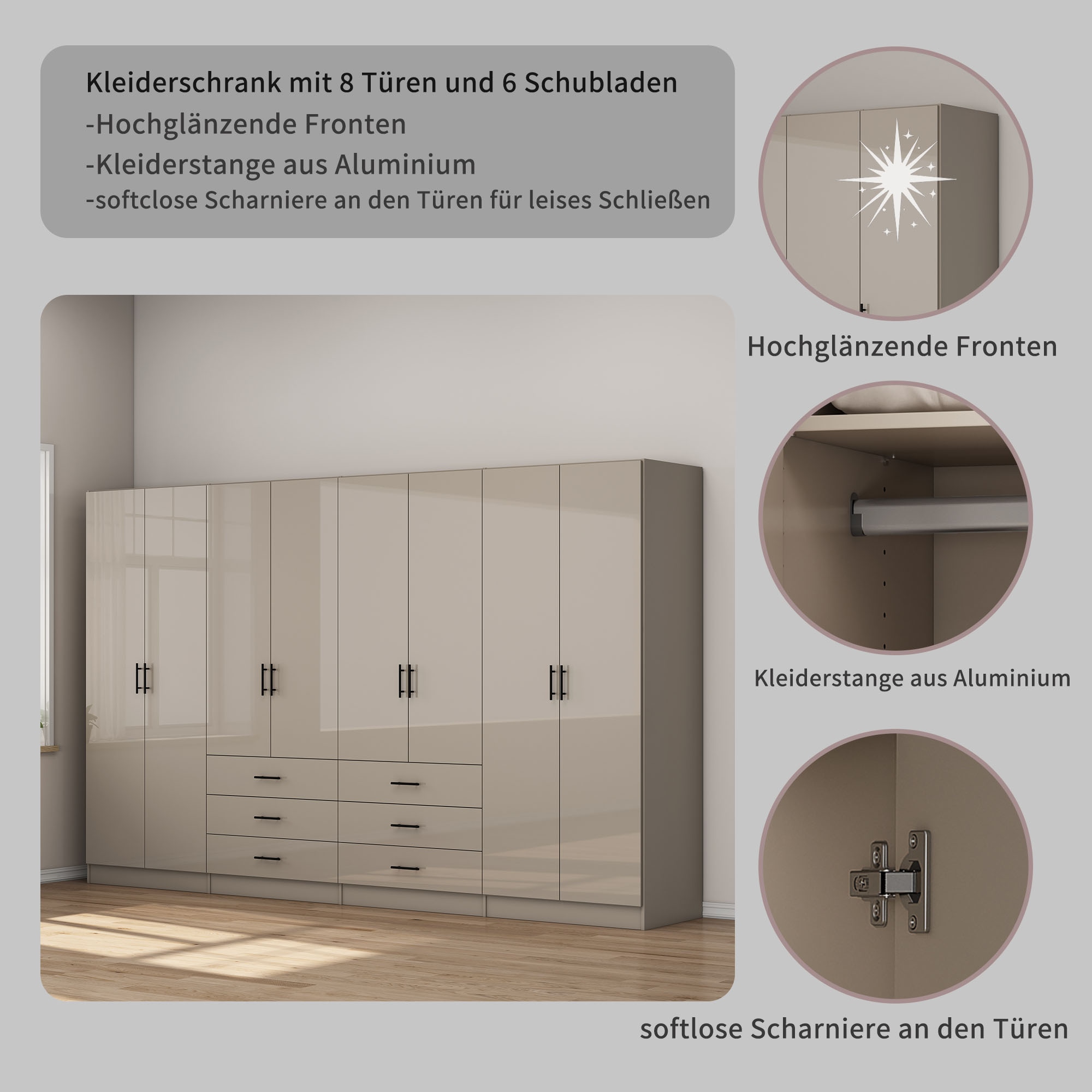 OTTO home Kleiderschrank »Trento Schlafzimmerschrank Garderobe hochglanz« Schrank mit 8 Türen und 6 Schubladen, hochglänzende Fronten