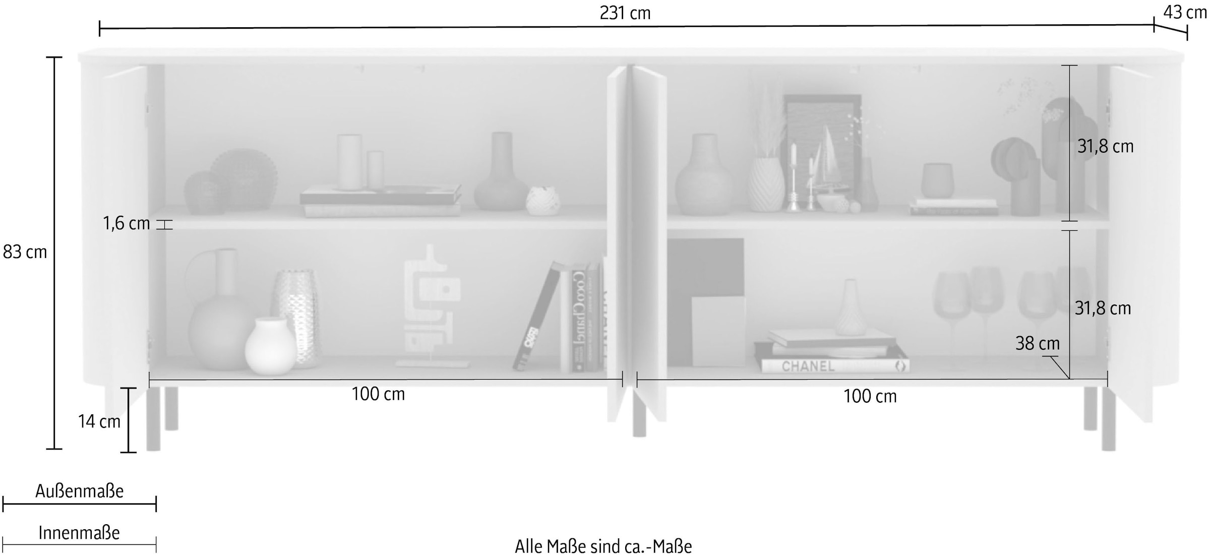 OTTO home Sideboard »Lido, 231 cm breit, 4 Türen, Anrichte, Kommode, Stauraumschrank« Formgebogenes MDF, Stirnseiten mit Rundung, Push-to-open, Metallfüße