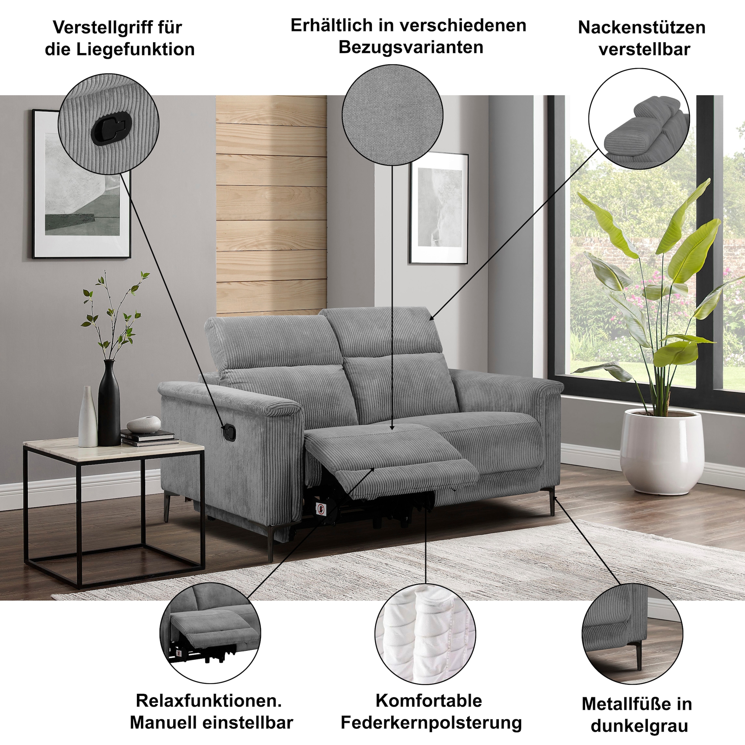 Home affaire 2-Sitzer »Lund in Cord, mit manueller o. elektrischer« Relaxfunktion, USB-C, Kopfteilverstellung, Breite 160 cm