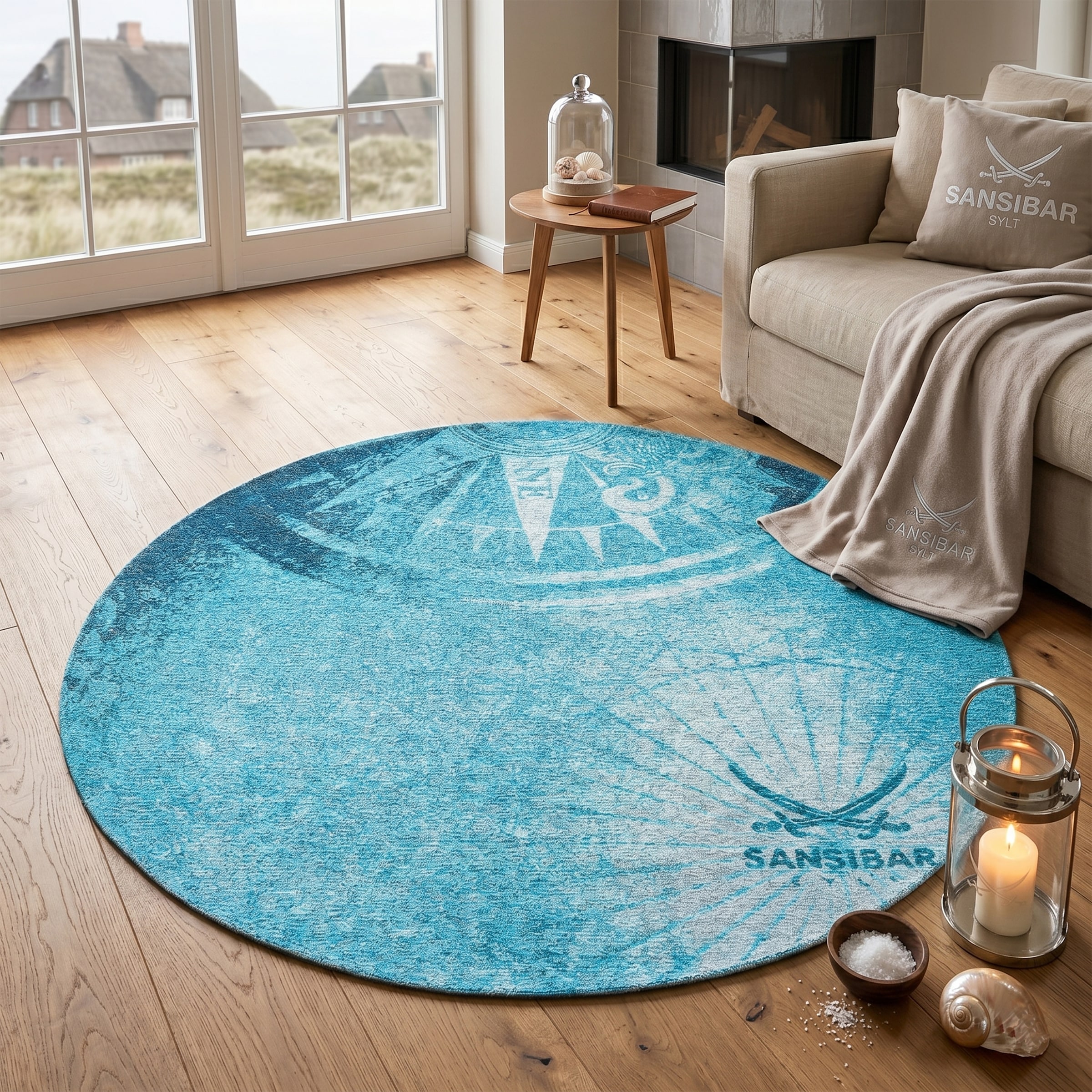 Sansibar Teppich »Keitum 011« rund 3 mm Höhe Flachgewebe, modernes Design, Motiv Kompass