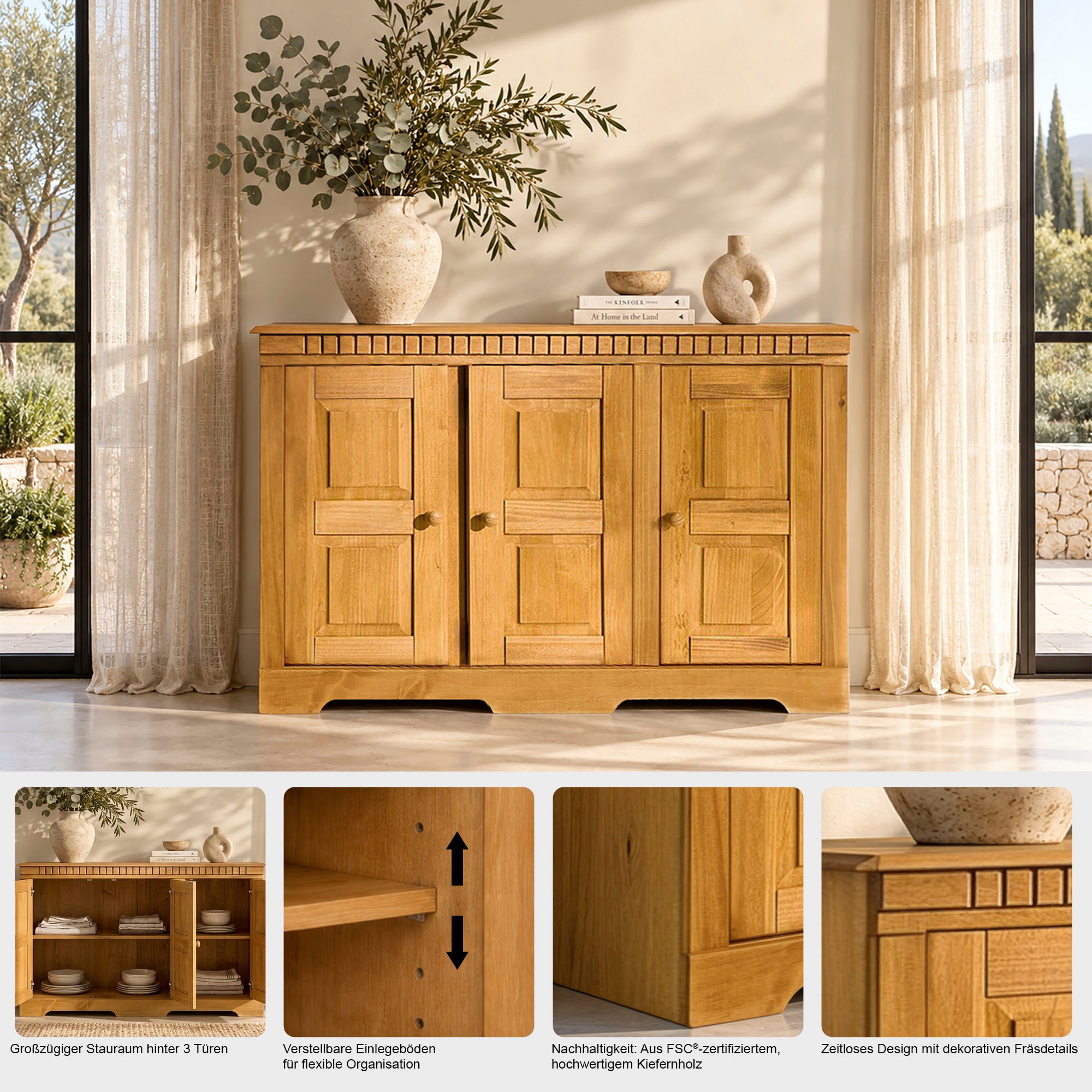 OTTO home Sideboard »Lisa Kommode mit dekorativen Fräsungen und verstellbaren Einlegeböden« Kiefernholz mit 3 Türen und 2 verstellbaren Einlegeböden, Knopfgriffe