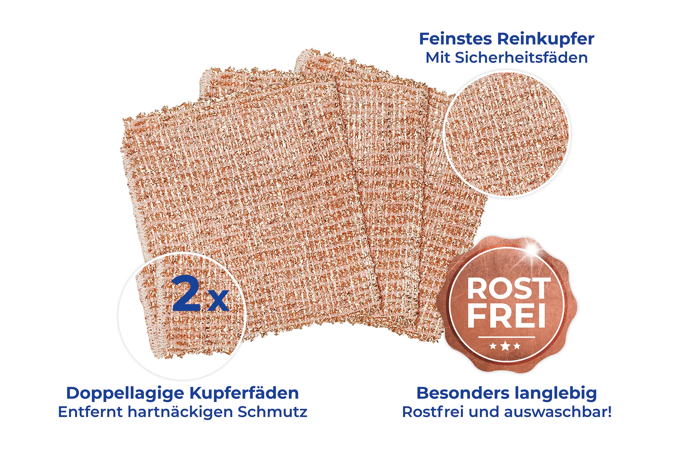 Maximex Reinigungstuch »Kupfer«, 16 cmx13 cm, (Set, 6 St.), solide und rostfrei, doppellagige Kupferfäden