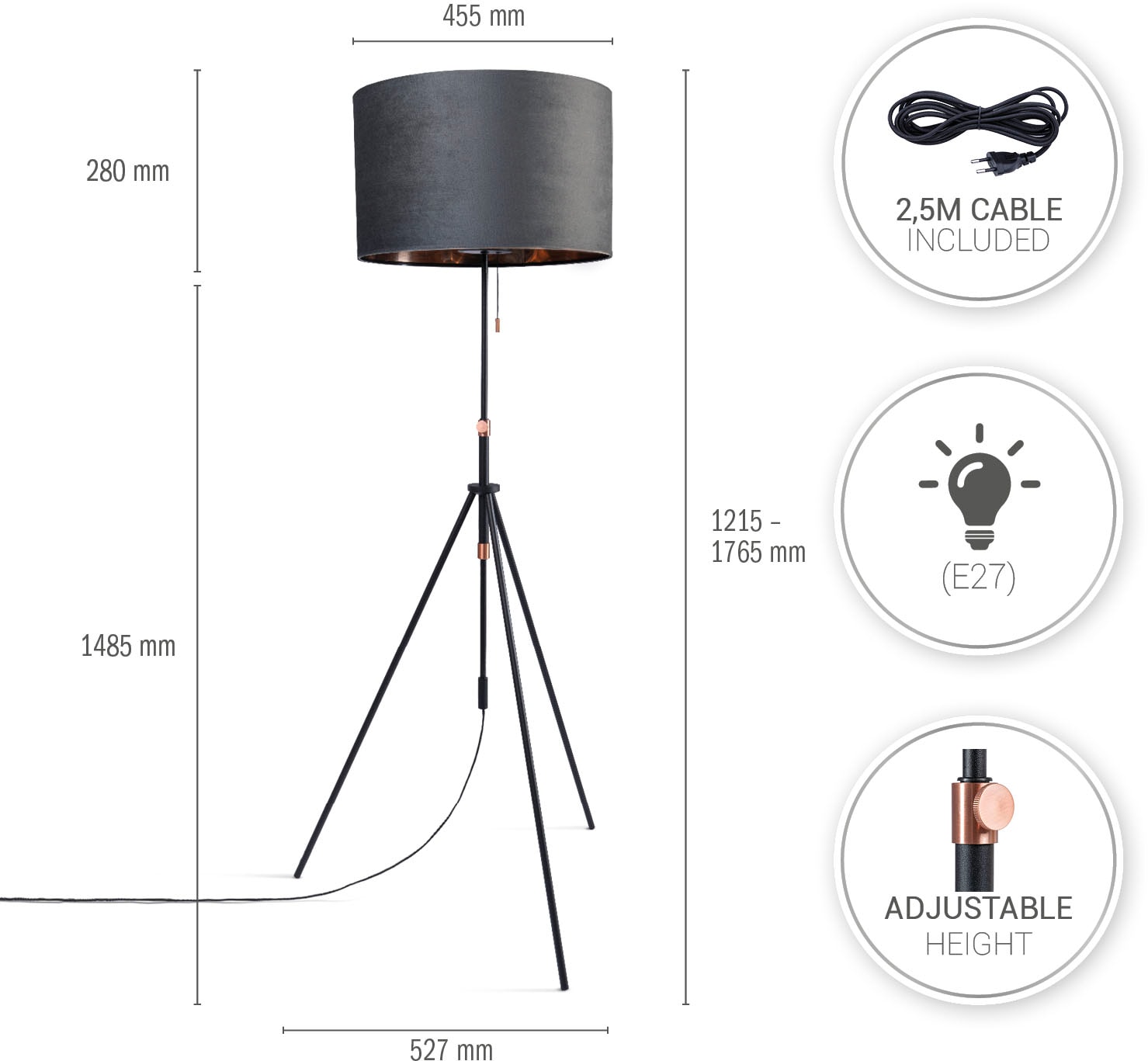 Paco Home Stehlampe »Naomi uni Color« E27 Wohnzimmer Höhenverstellbar 121,5 bis 176,5 cm Zugschalter Velour