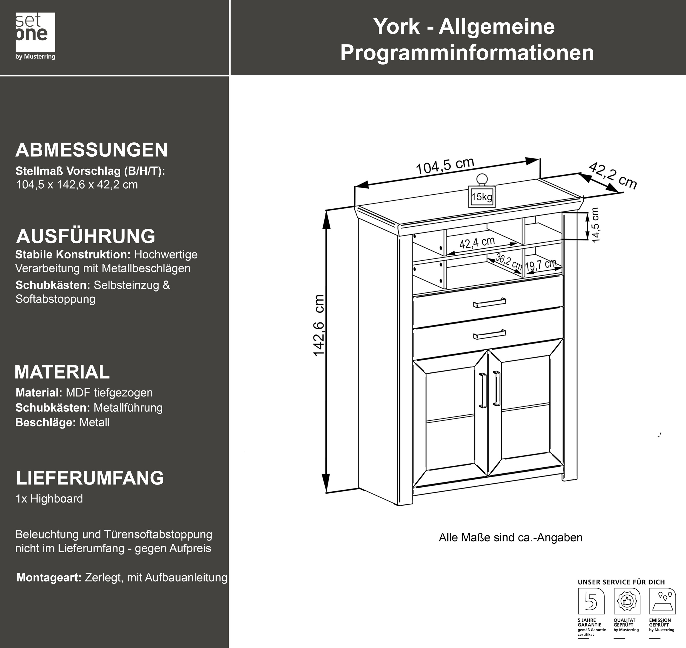 set one by Musterring Highboard »York«, Typ 16, mit Holztüren und Schubkasten, Beleuchtung optional, B 105 cm