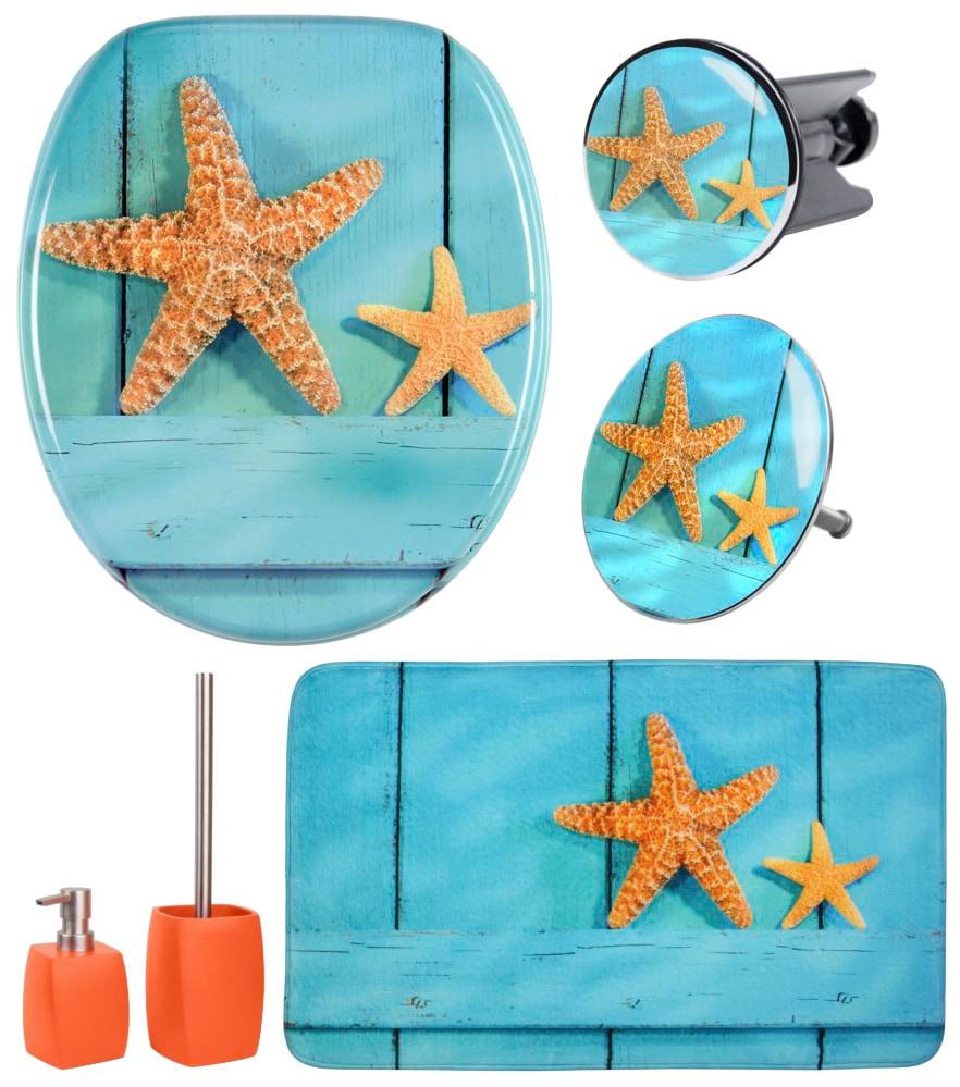 Sanilo Badaccessoire-Set »Sea Star«, (Komplett-Set, 6 tlg.), bestehend aus WC-Sitz, Badteppich, Stöpsel, Seifenspender, WC-Bürste